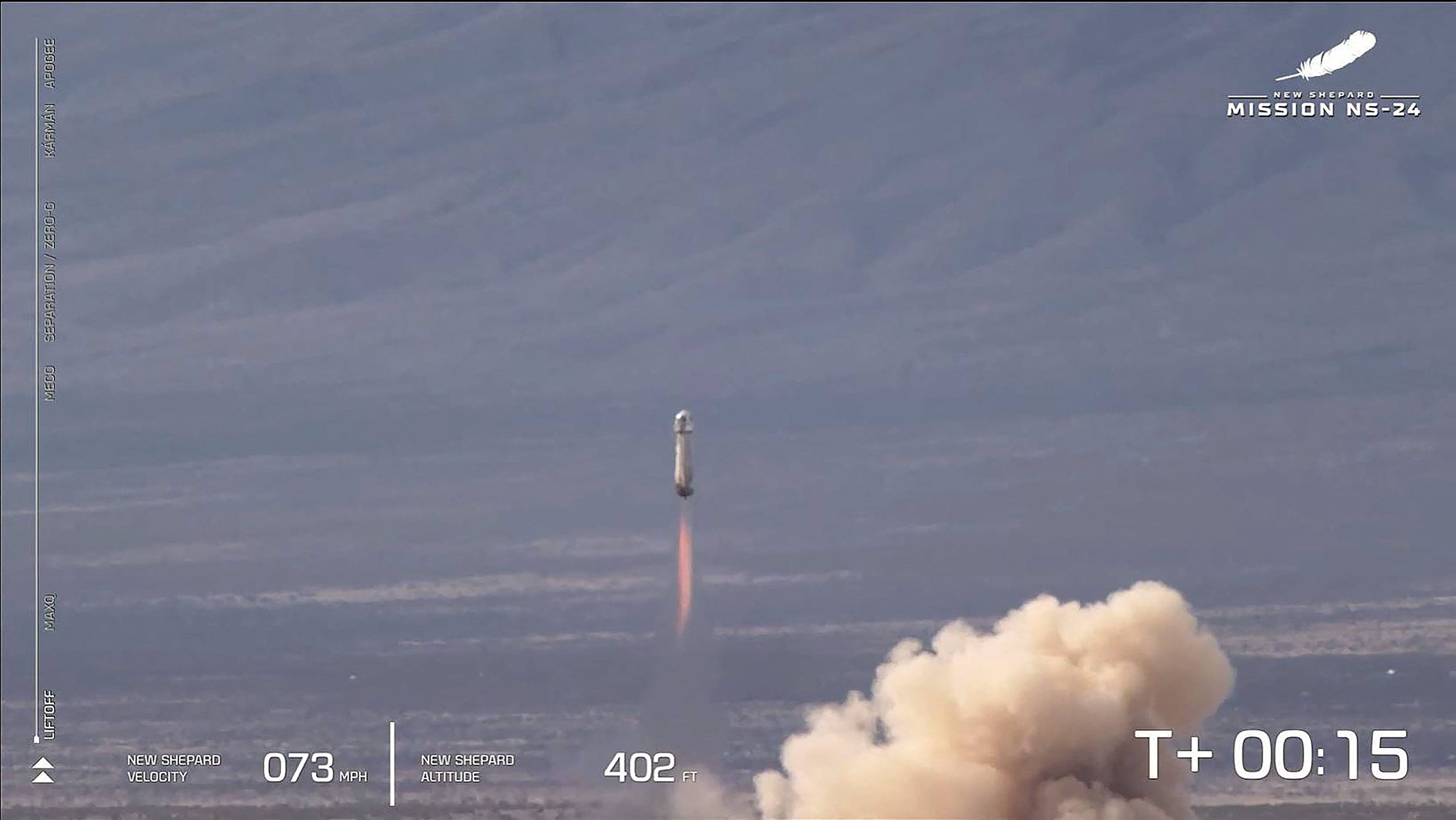 The New Shepherd rocket blasts off from the Blue Origin base near Van Horn, Texas, on Tuesday. Photo: Blue Origin via AFP