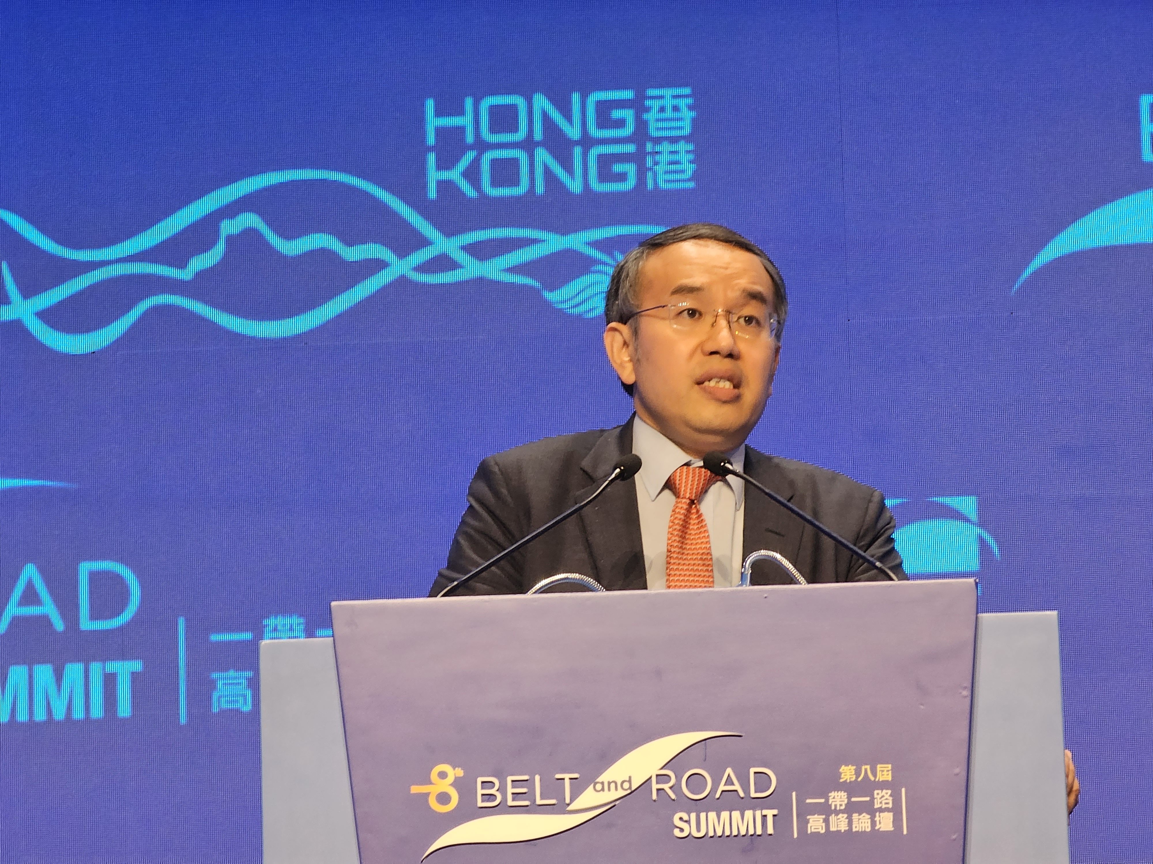 Secretary for Financial Services and the Treasury Christopher Hui Ching-yu speaks at the Belt and Road Summit in Wan Chai on September 14, 2023. Photo: Enoch Yiu