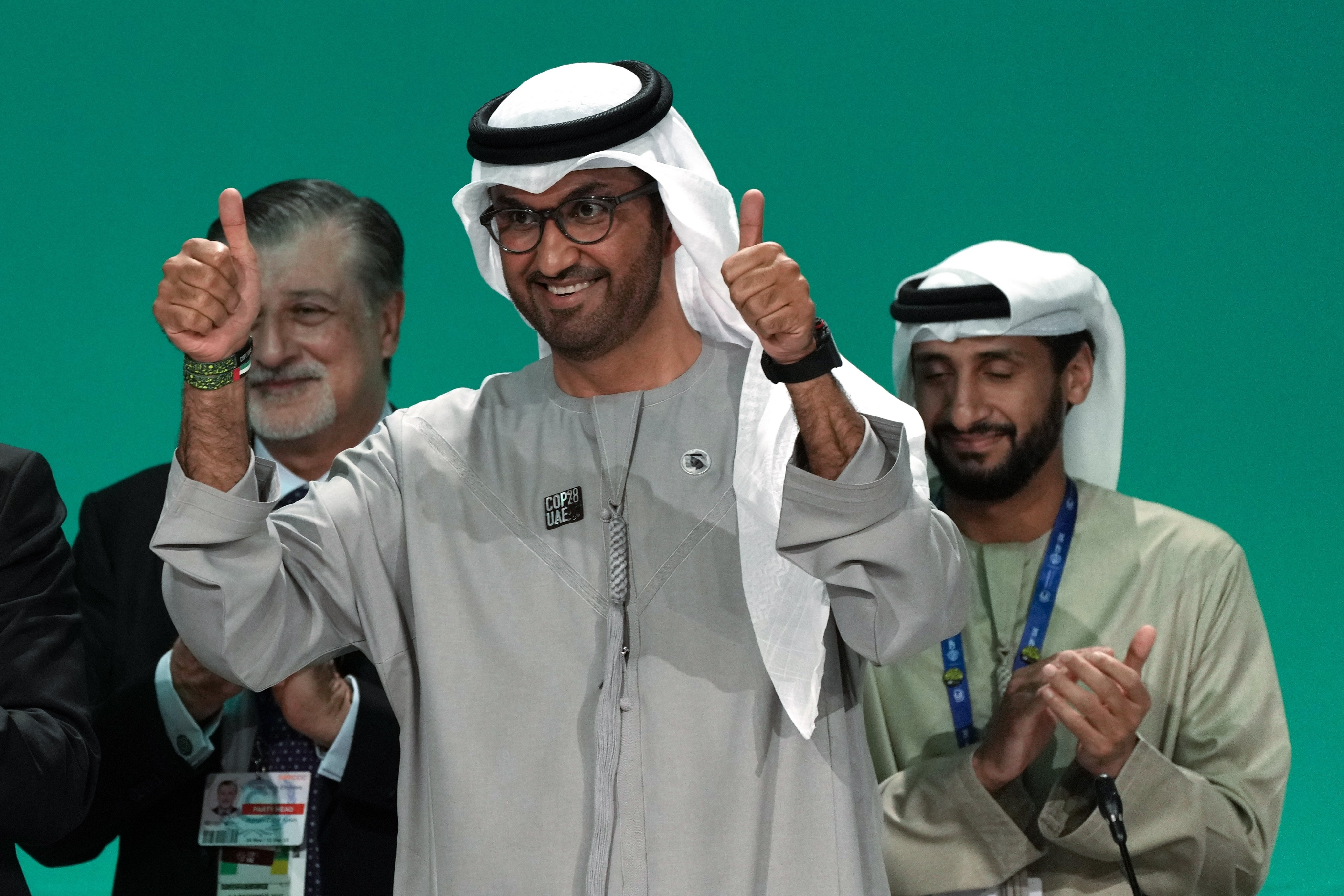 Cop28 President Sultan Al Jaber with his thumbs up at the end of the UN climate summit on December 13 in Dubai, United Arab Emirates. Photo: AP