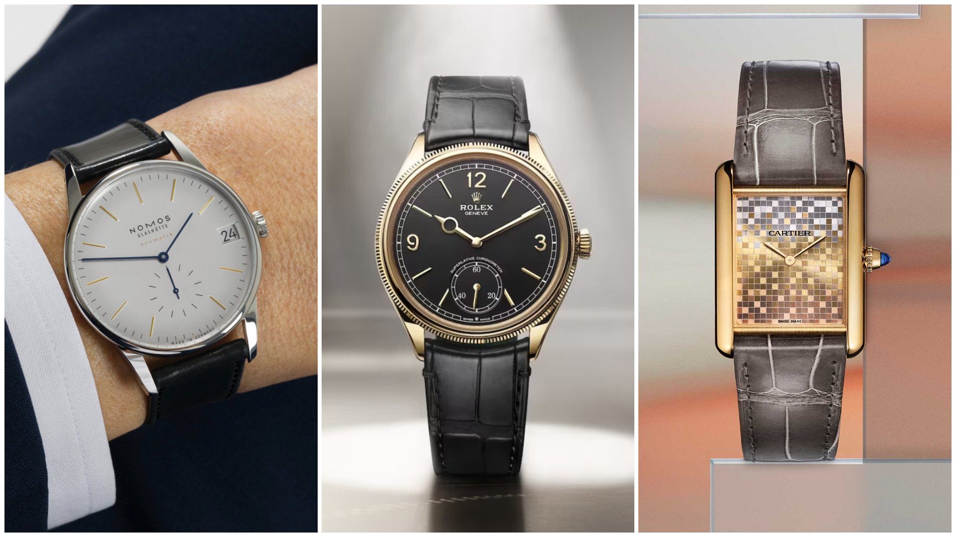 From left to right: Nomos Glashütte Orion Neomatik 175 Years Watchmaking; Rolex 1908; Cartier Tank Louis Cartier 2023