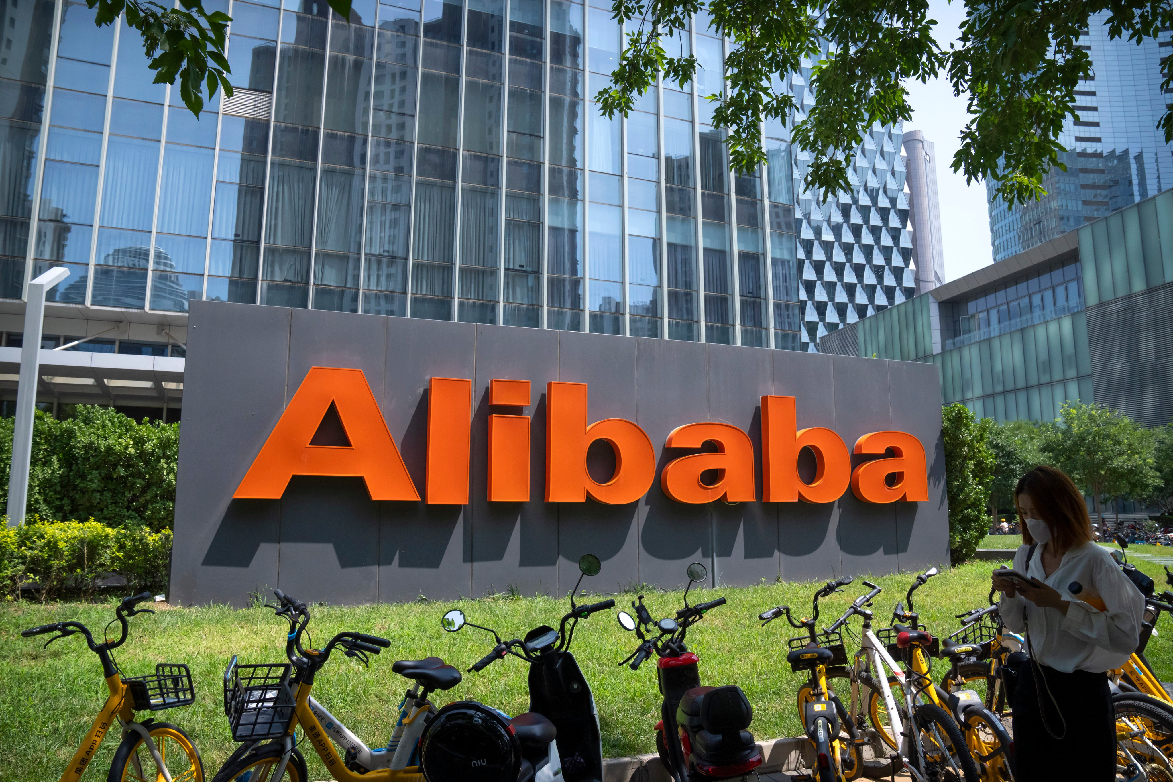 Signage at Alibaba’s office in Beijing on August 10, 2021. Photo: AP