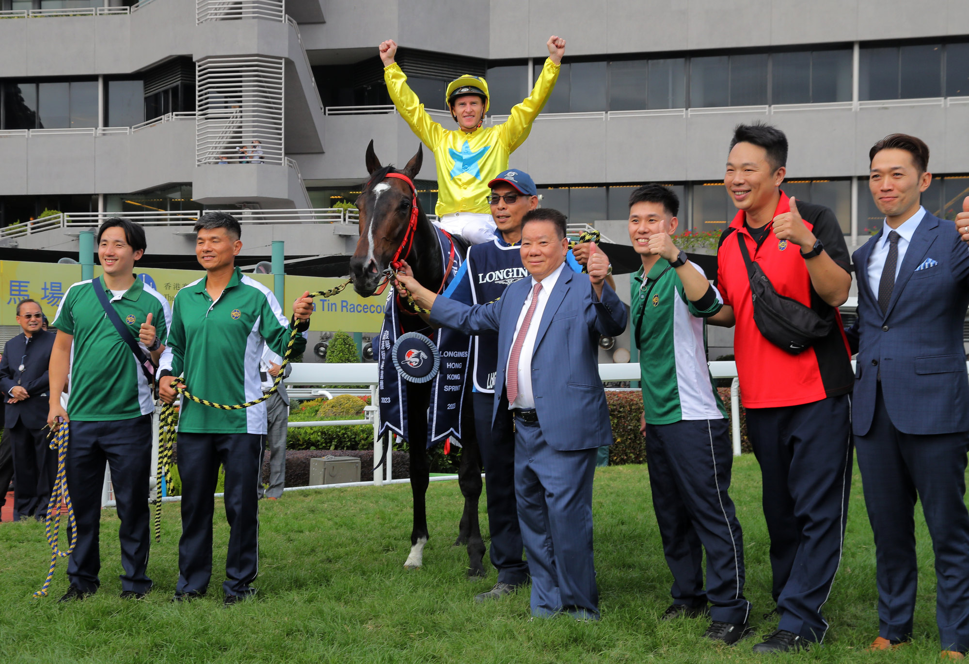 Manfred Man celebrates Lucky Sweynesse’s Group One Hong Kong Sprint (1,200m) win. Photo: Kenneth Chan.