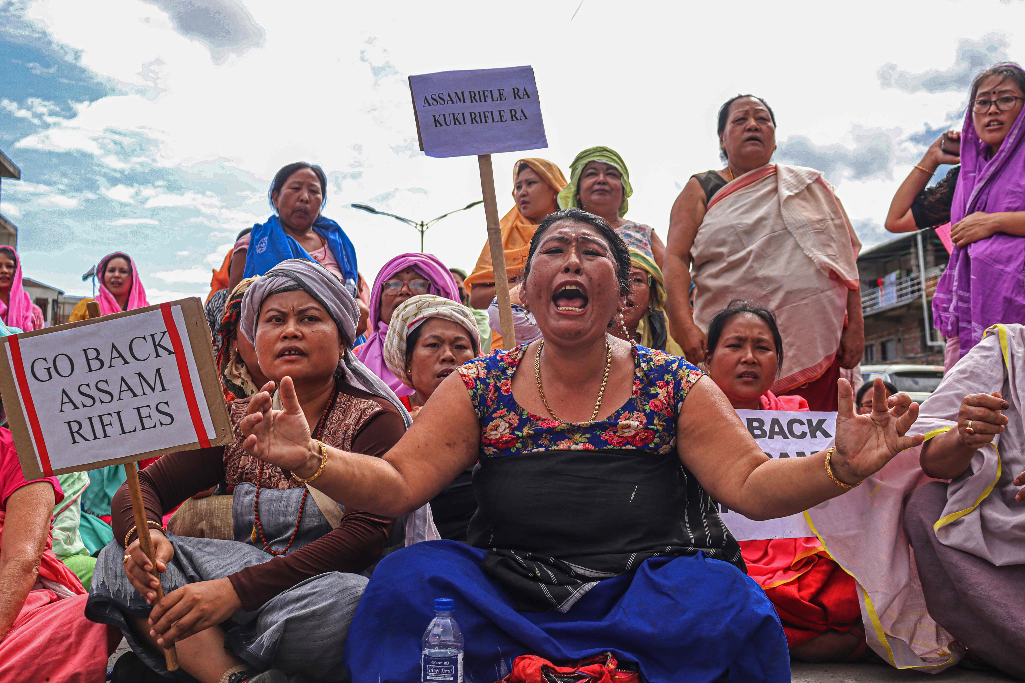 Women shout slogans as they protest over the atrocities against Meitei women in Imphal on August 7, 2023, following ongoing ethnic violence in the northeastern Manipur state. Photo: AFP