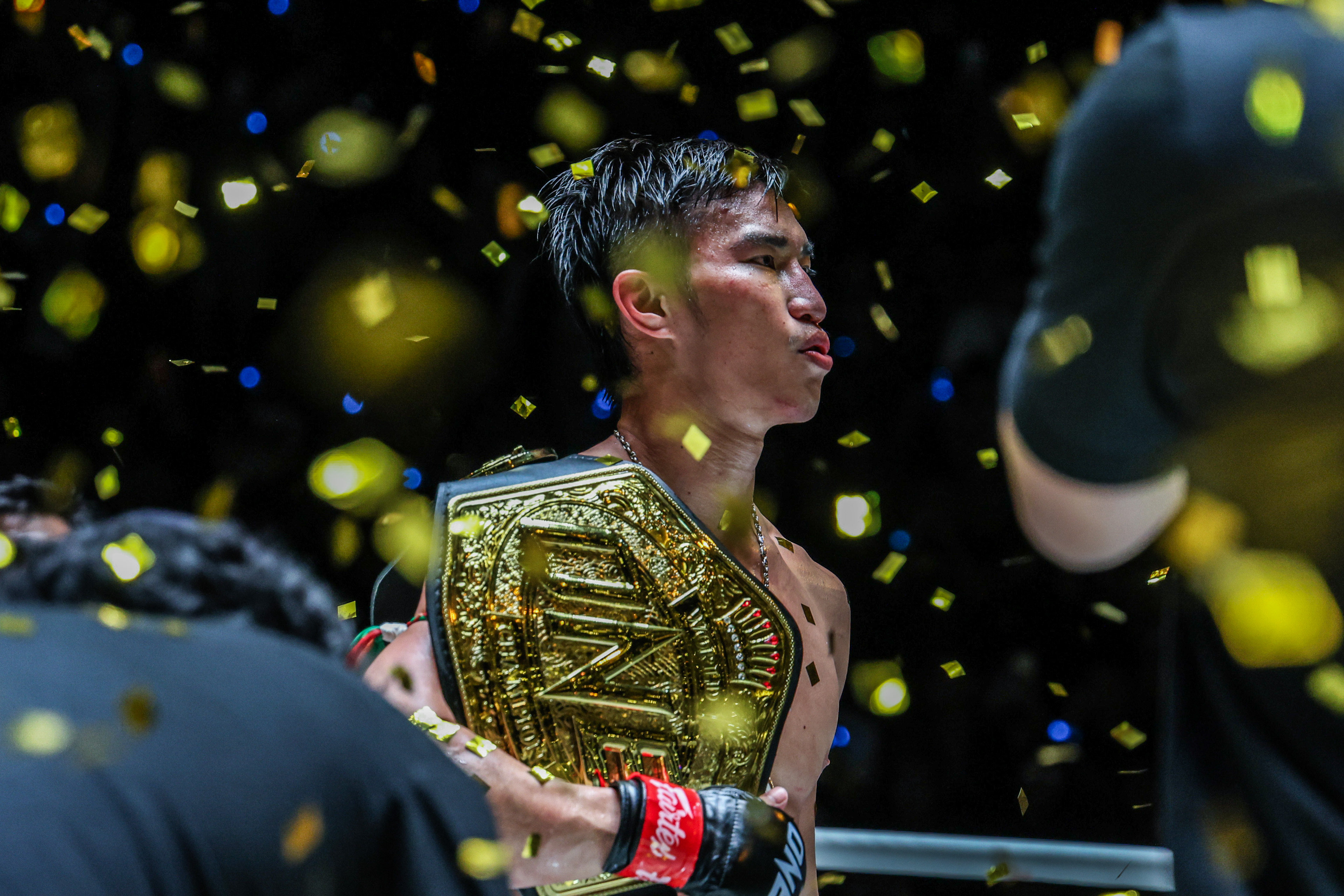 Tawanchai PKSaenchaigym clutches his featherweight Muay Thai belt after going toe to toe with Superbon Banchamek for five action packed rounds at ONE Friday Fight 46. Photo: ONE Championship