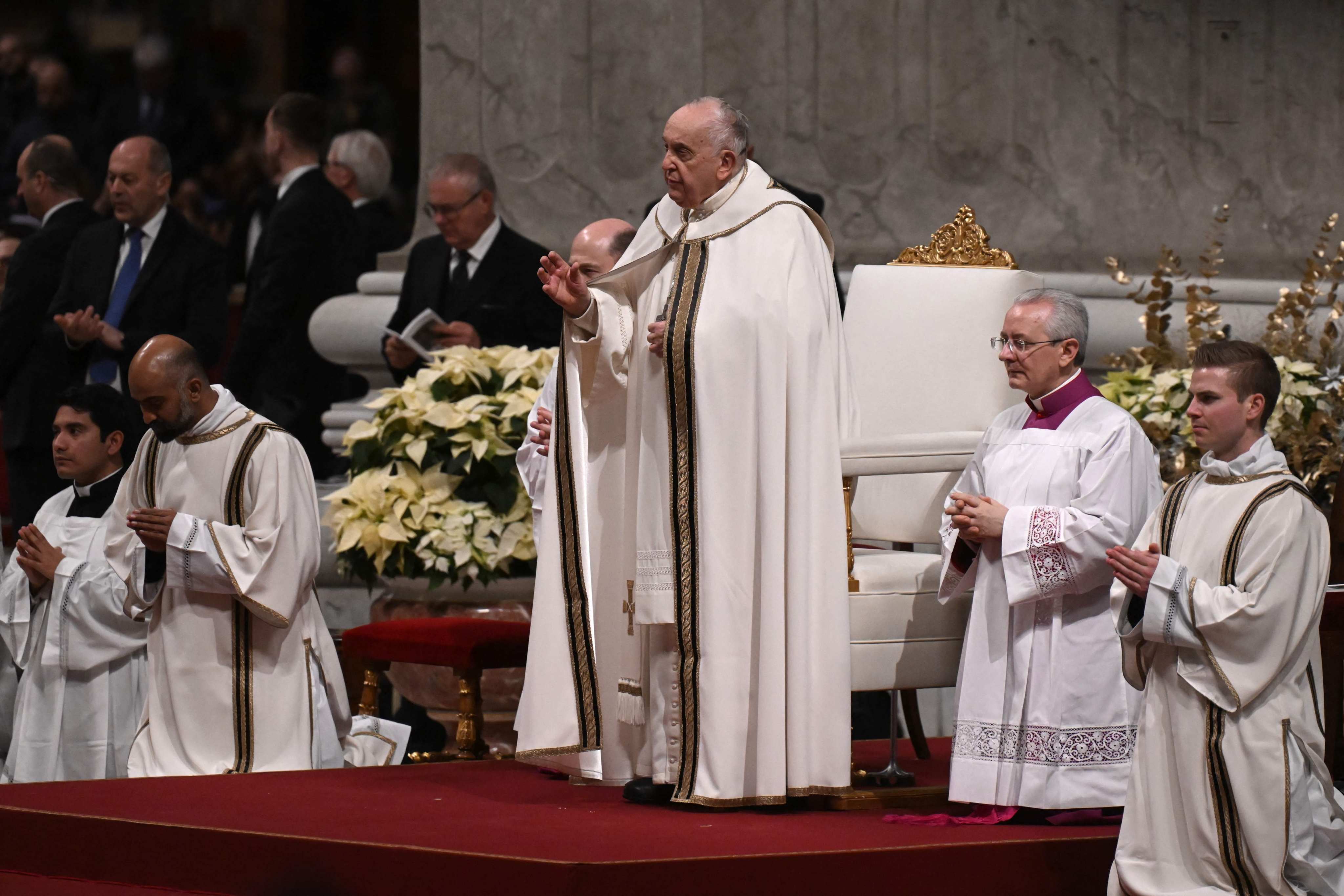 Pope Francis presides over the Christmas Eve mass at St Peter’s Basilica in the Vatican, Rome on Sunday. Photo: AFP