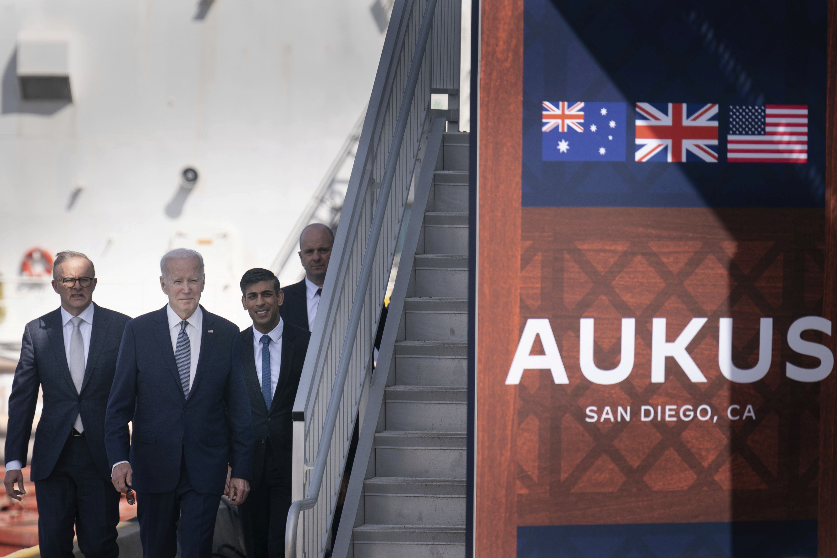 (From left) Australian Prime Minister Anthony Albanese, US President Joe Biden and Britain’s Prime Minister Rishi Sunak at Point Loma naval base in San Diego as part of Aukus. New Zealand will consider joining Aukus, a move analysts said would be a retreat “towards the Anglosphere” and reneging on the country’s pledge of non-nuclear security. Photo: AP