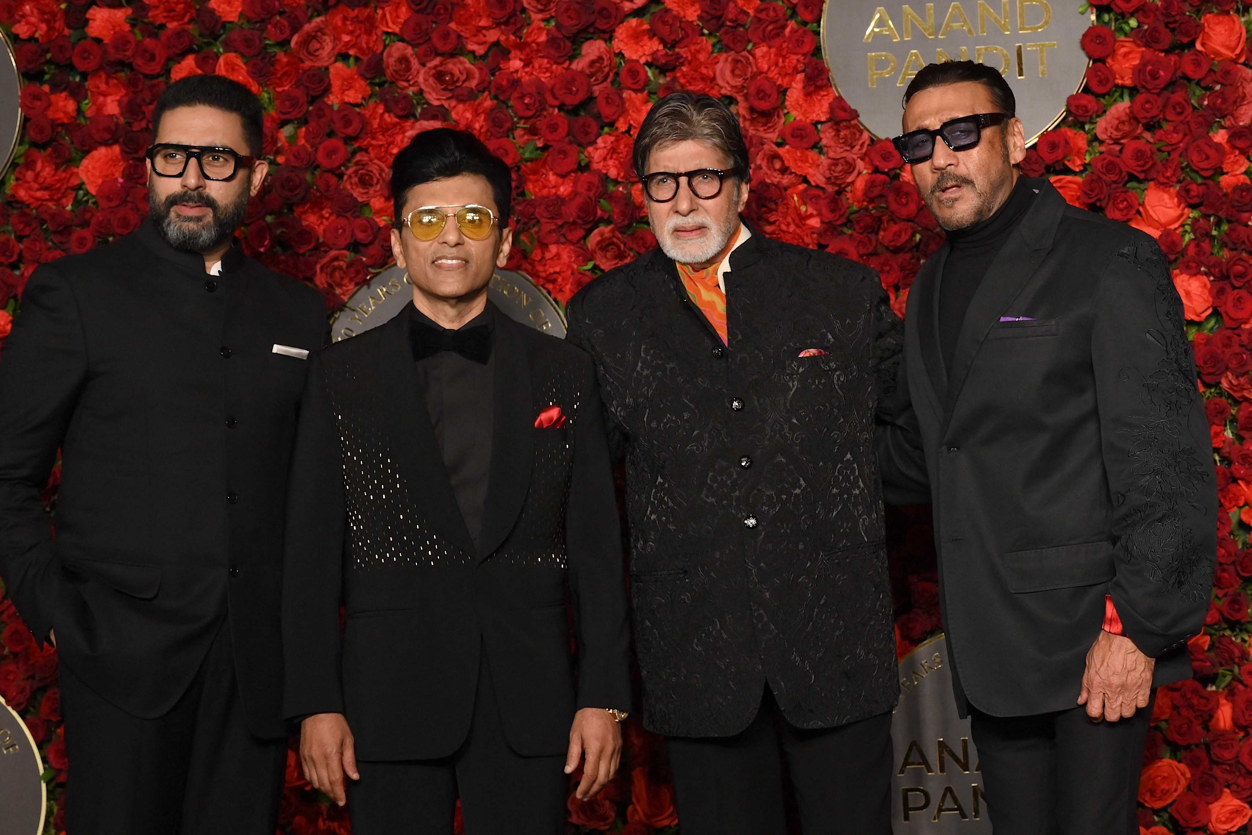 Bollywood actors Abhishek Bachchan (first from left), Amitabh Bachchan (second from right) and Jackie Shroff (first from right) attend Indian film producer Anand Pandit’s (second from left) 60th birthday party in Mumbai on December 21. Photo: AFP