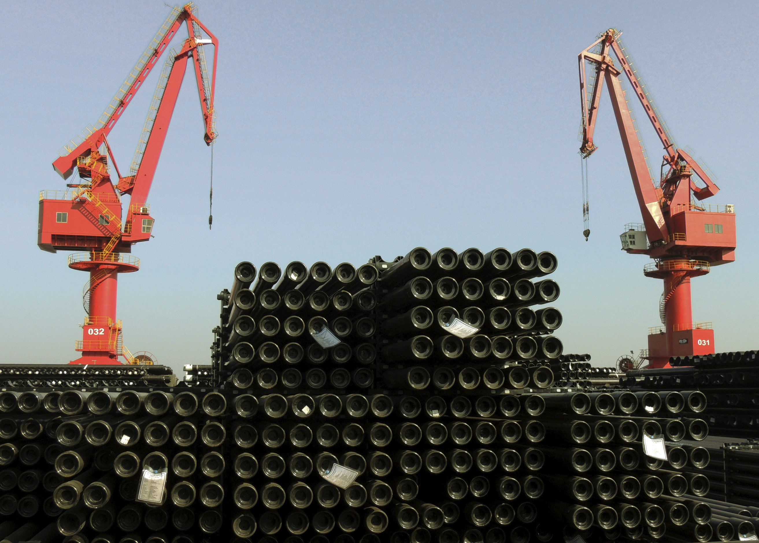 Piles of steel pipes to be exported at a port in Lianyungang in China’s Jiangsu province. Photo: Reuters