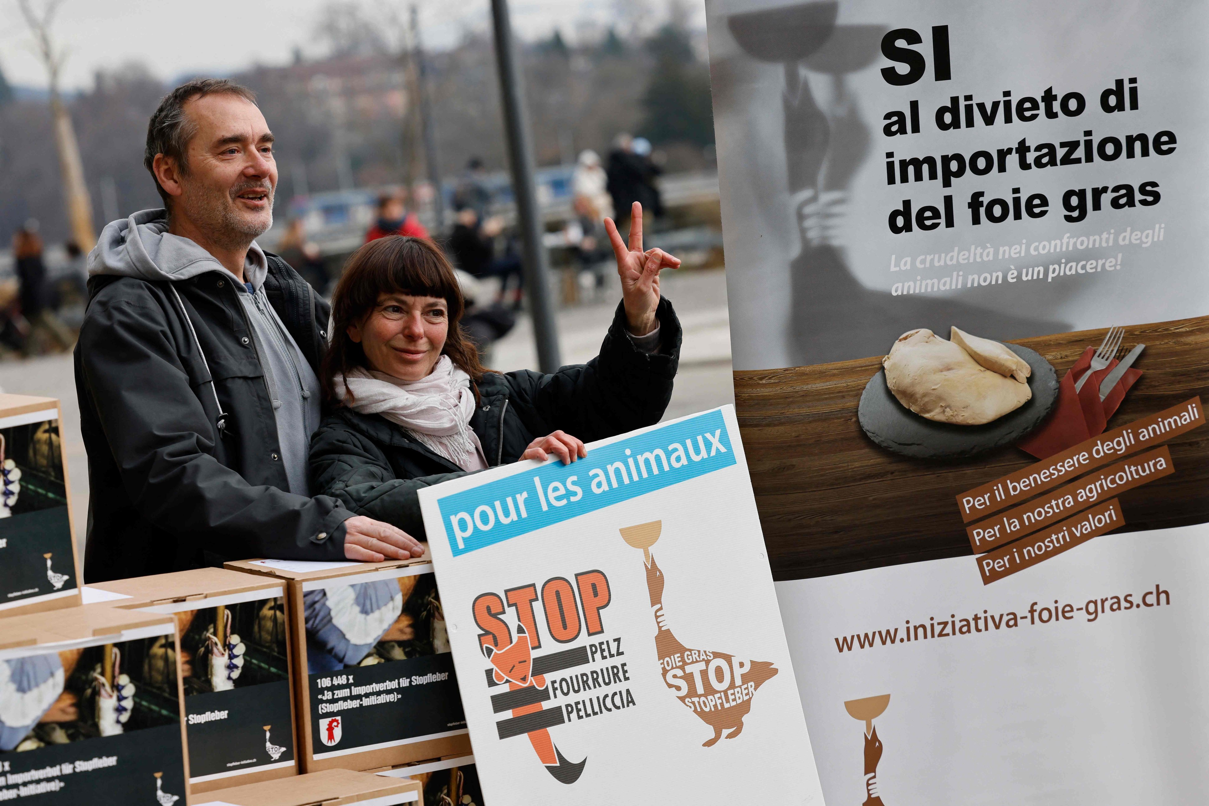 Activists from the Swiss Animal Alliance in Bern, Switzerland on Thursday. Photo: AFP