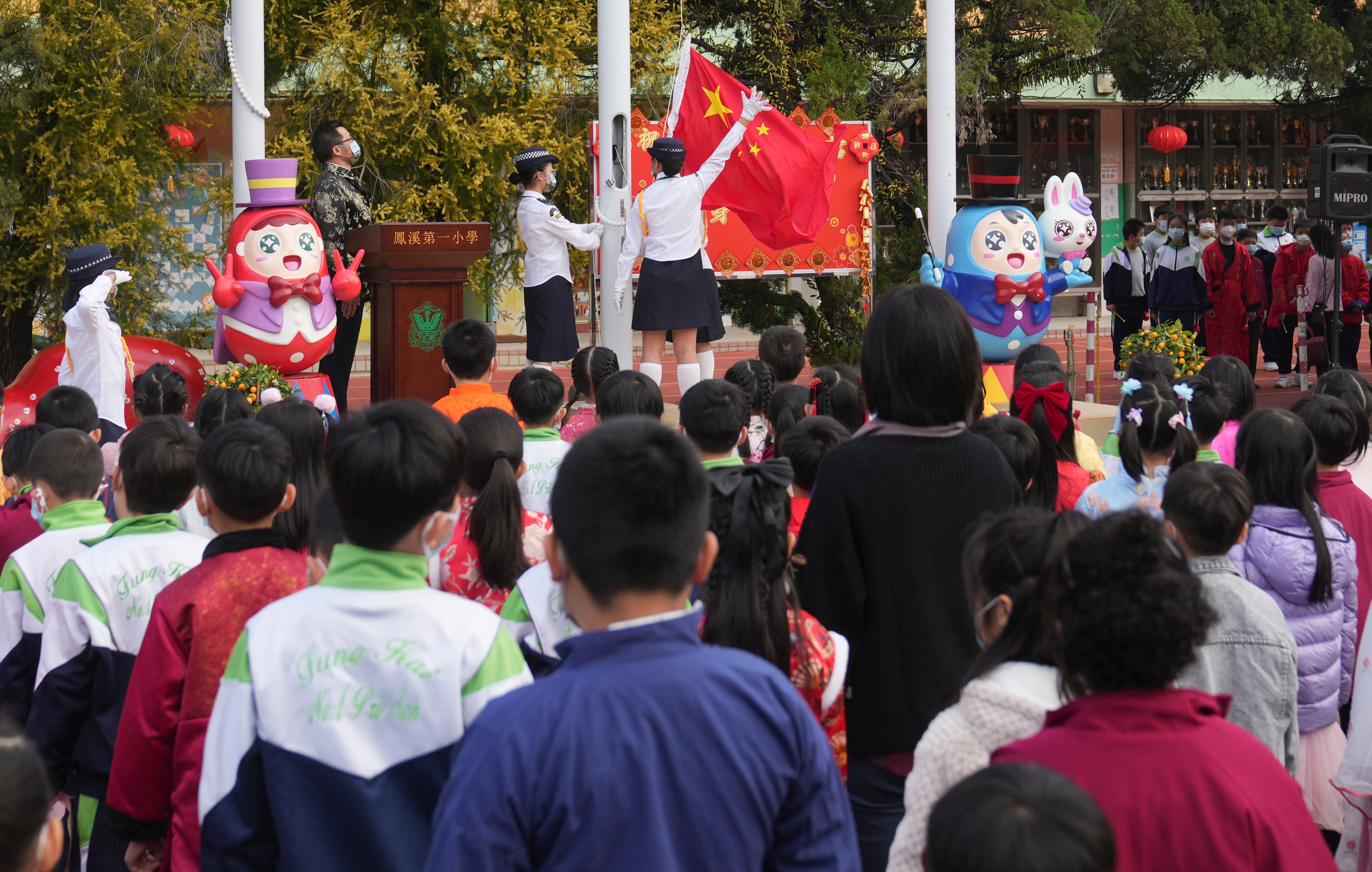 Pupils at Fung Kai No.1 Primary School at Sheung Shui assemble for a flag-raising ceremony. Photo: Sam Tsang