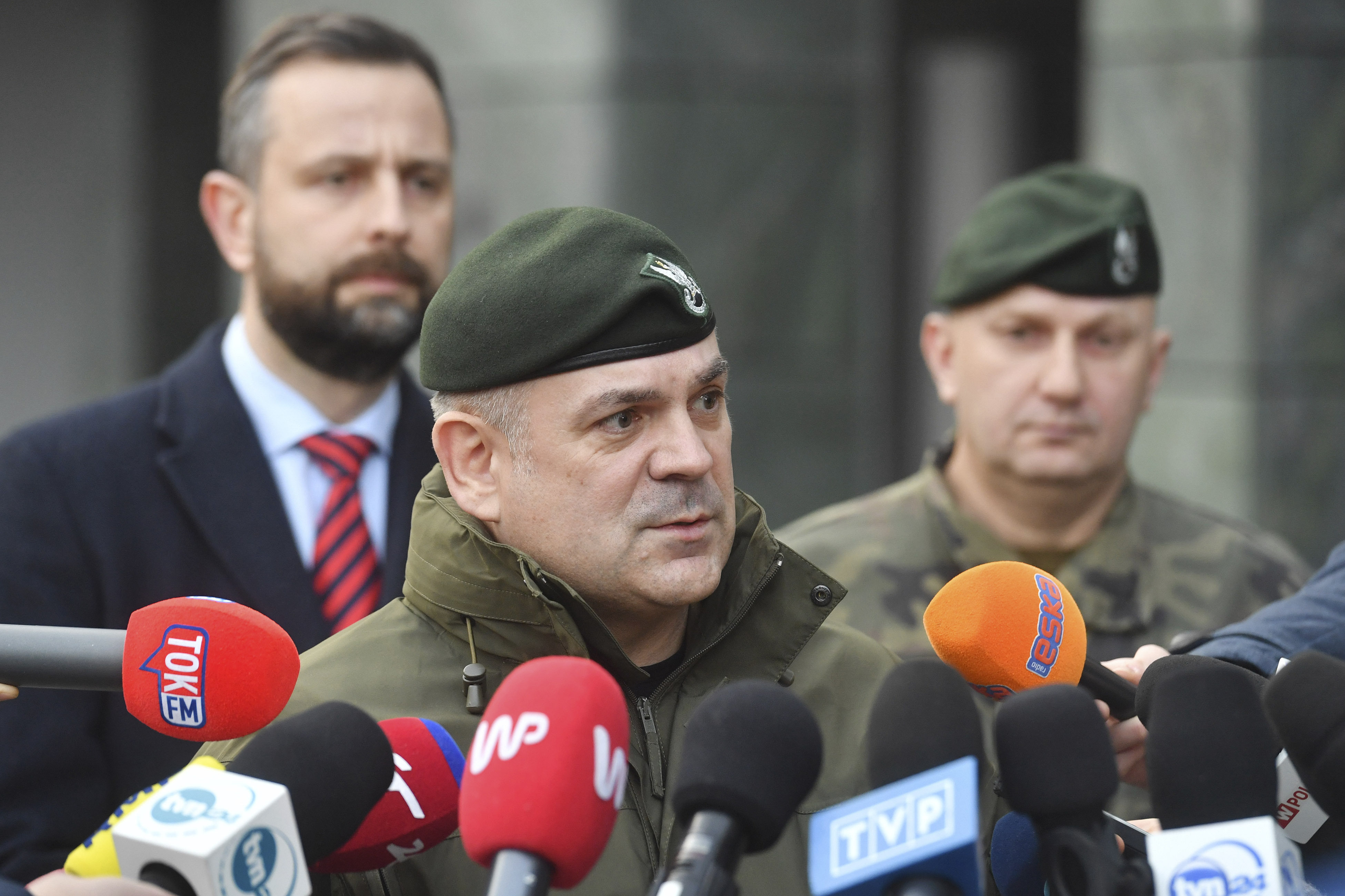 General Wieslaw Kukula, centre, chief of Poland’s armed forces, talks to the media in Warsaw, Poland on Friday. Photo: AP
