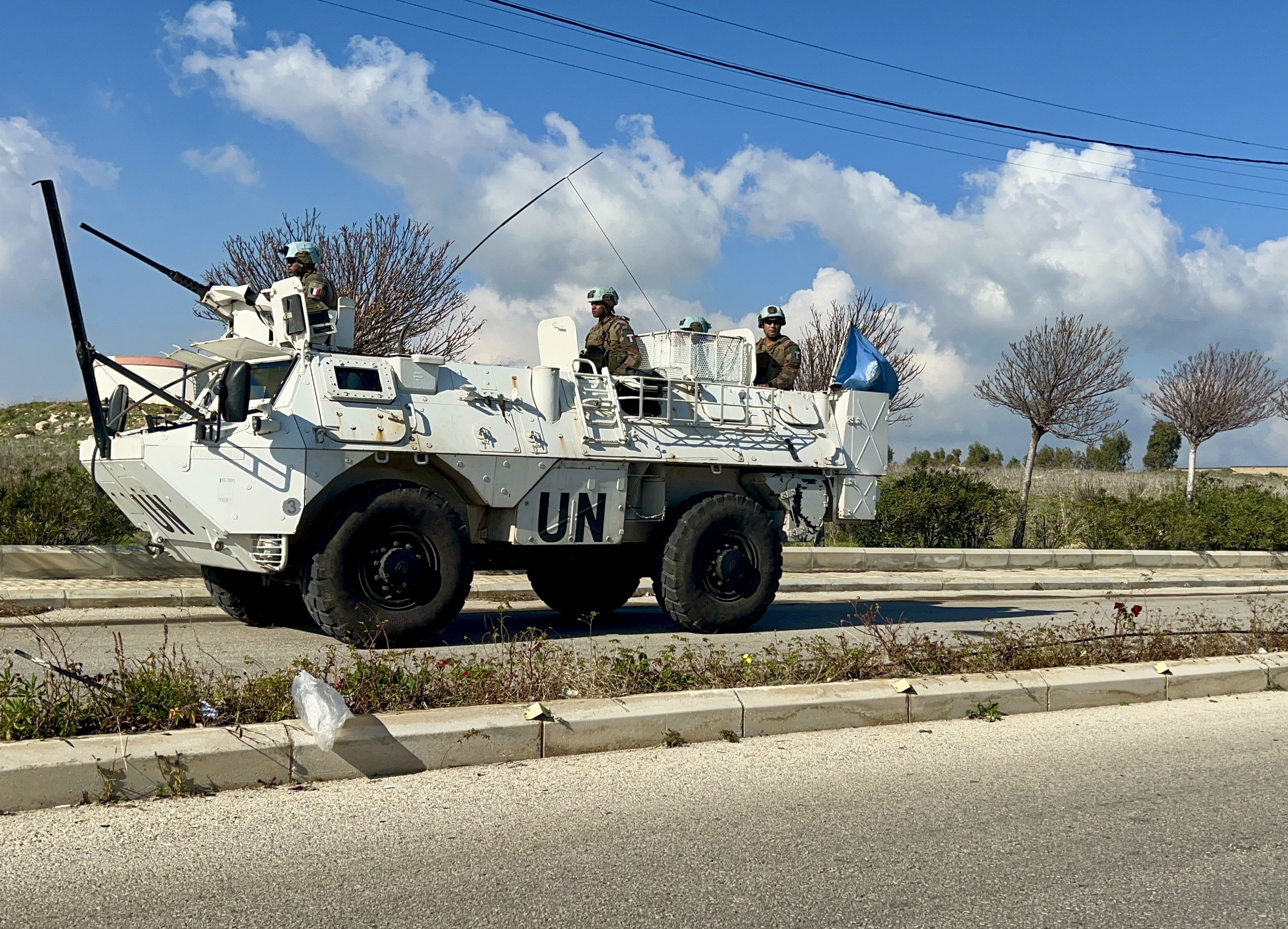 An armoured vehicle of the United Nations Interim Forces in Lebanon (UNIFIL) patrols in Khiyam plain, near the border with Israel, in Lebanon on Friday. Photo: EPA-EFE