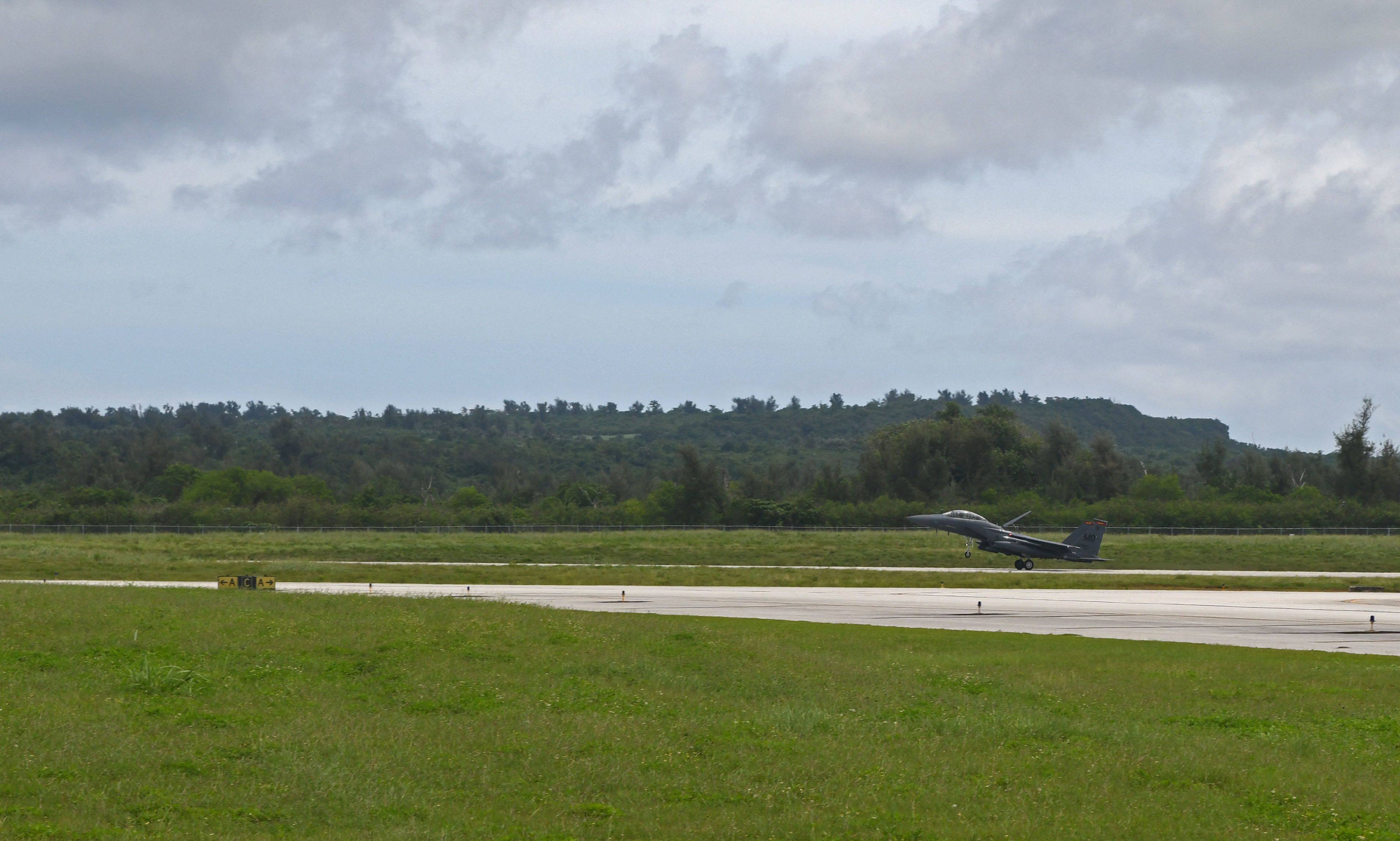 A fighter jet lands on the runway at Tinian International Airport in 2021. Photo: US air force/AFP
