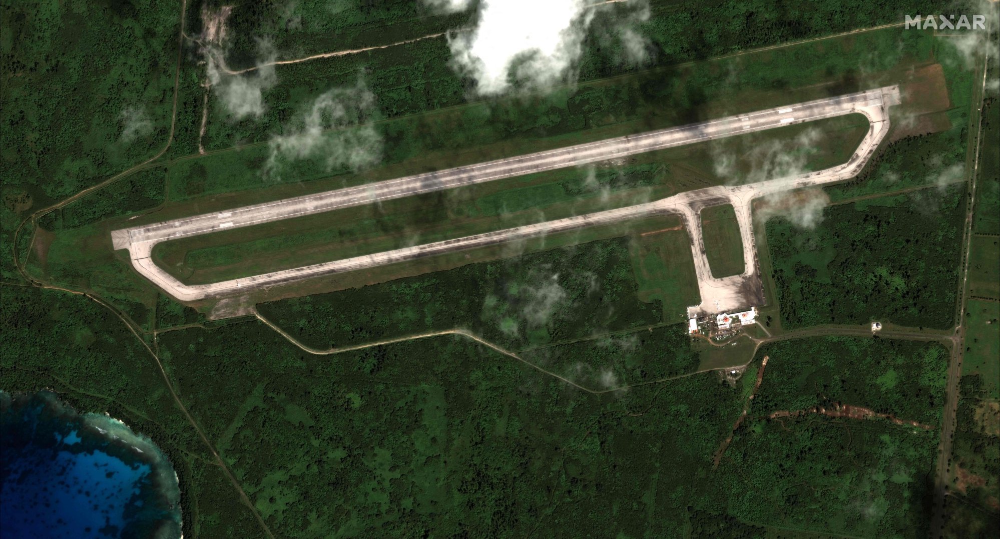 A satellite image of the Tinian airfield in the Mariana Islands in January 2022. Photo: Maxar Technologies/AFP