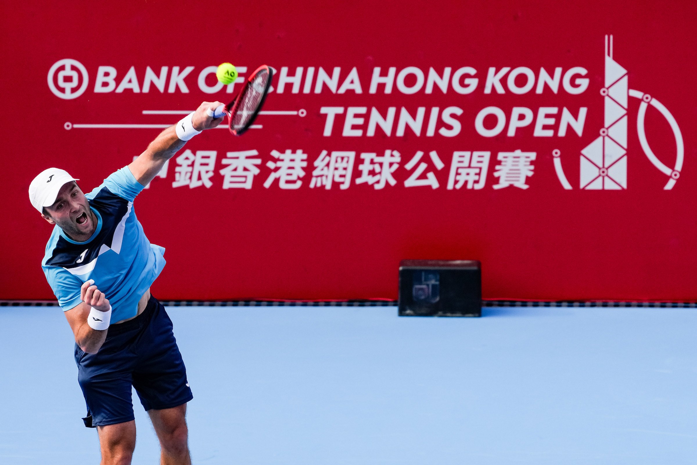 England’s Liam Broady serves during his singles qualifying match against Tunisia’s Aziz Dougaz at the Hong Kong Open. Photo: HKTA