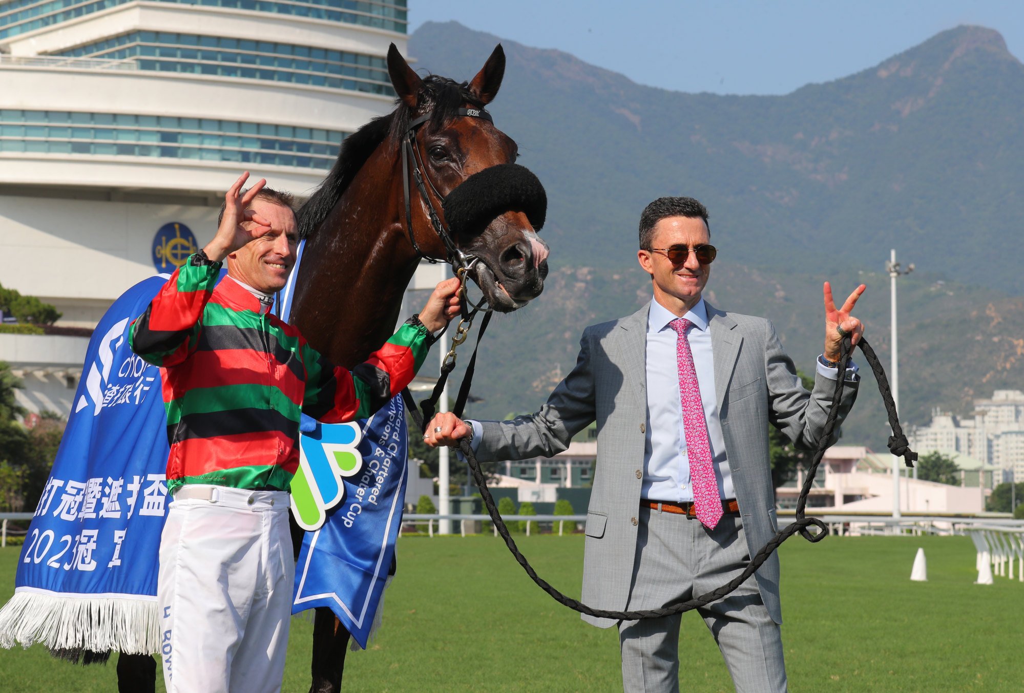 Jockey Hugh Bowman and trainer Douglas Whyte enjoy Russian Emperor’s Group One Champions & Chater Cup success in May last year.