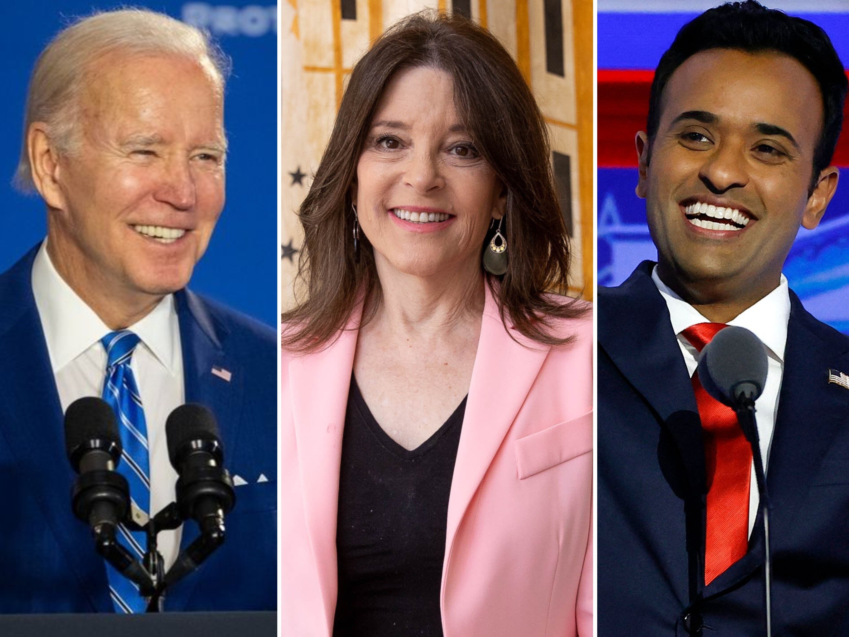 Presidential hopefuls for the US 2024 elections (from left): Joe Biden, Marianne Williamson and Vivek Ramasamy. Photos: @joebiden/Instagram, Getty Images, AFP