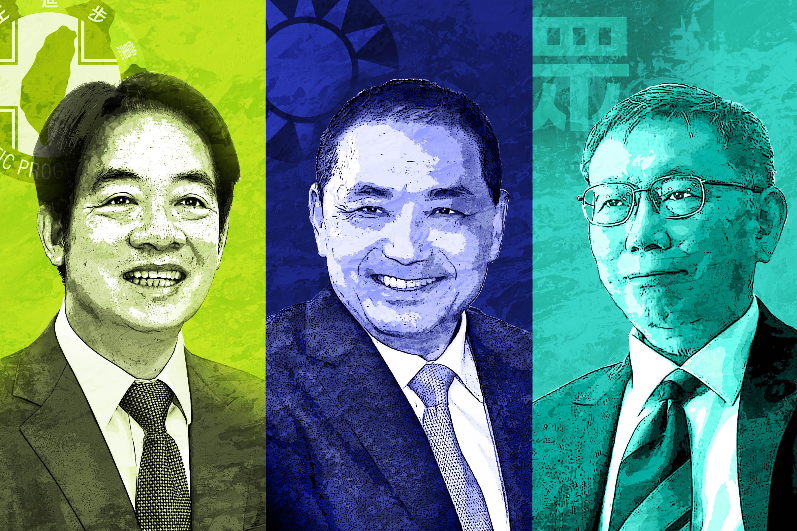 The DPP’s William Lai, Hou Yu-ih from the Kuomintang and Ko Wen-je from the Taiwan People’s Party are vying for the presidency. Illustration: Henry Wong