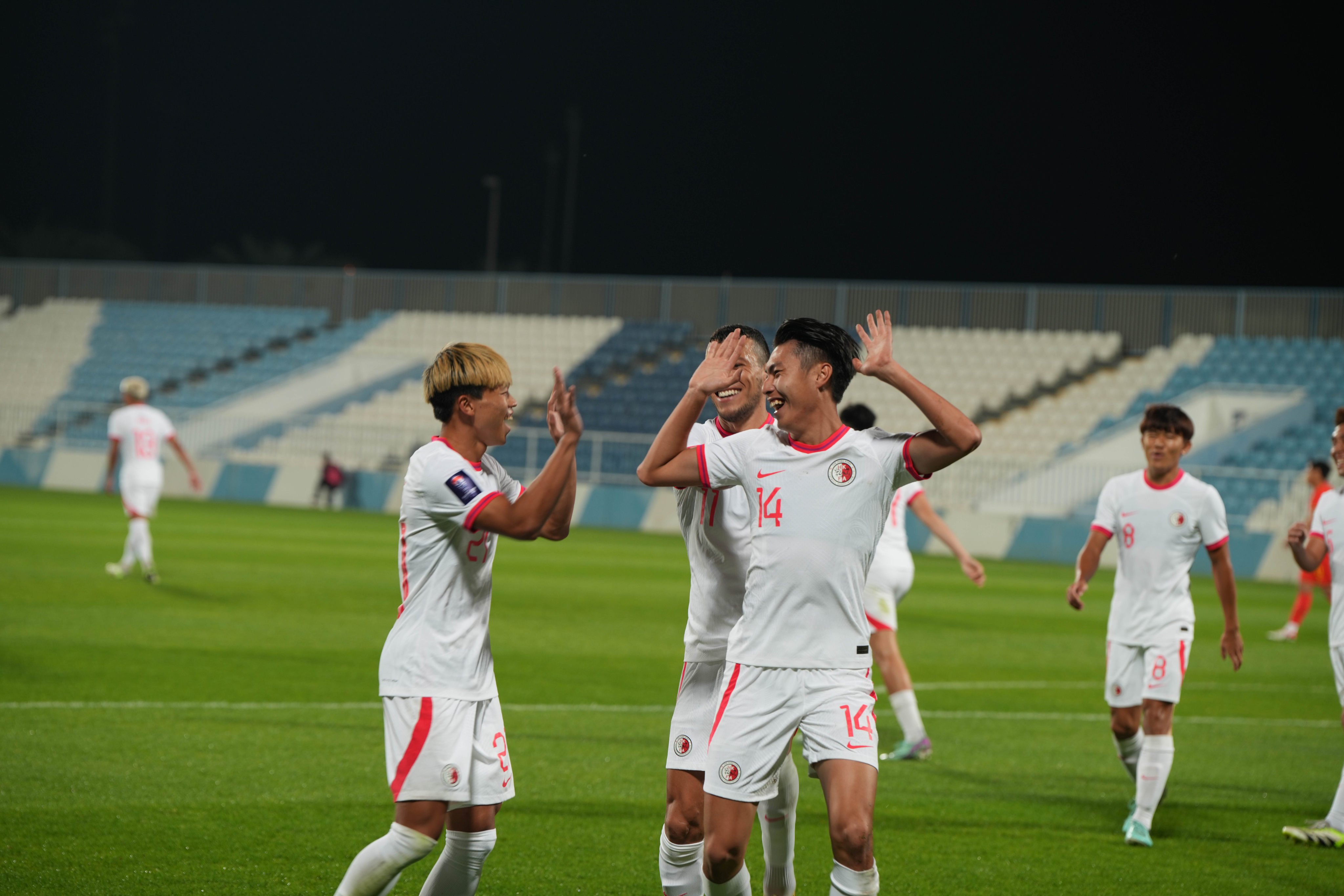Poon Pui-hin (centre) scored twice in Hong Kong’s first win over China in 29 years. Photo: HKFA