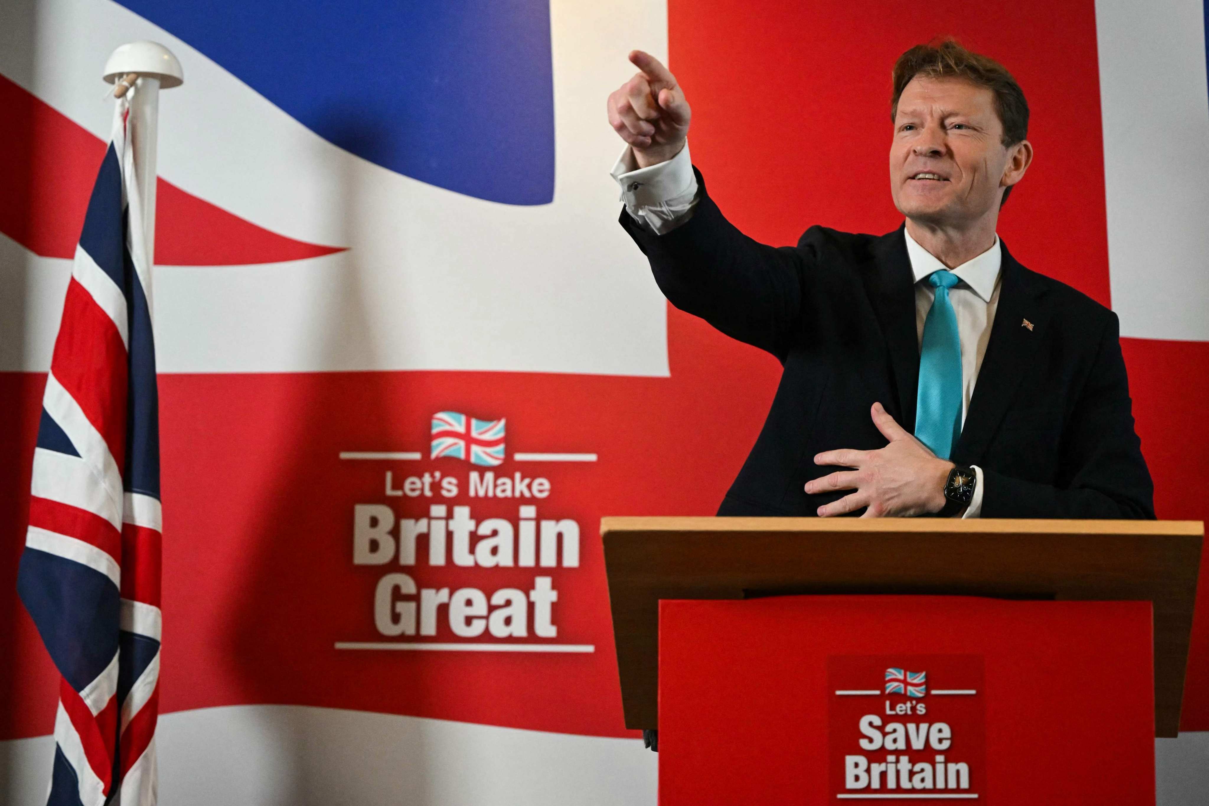 Richard Tice, leader of the Reform UK party, delivers a speech in central London on Wednesday. Photo: AFP