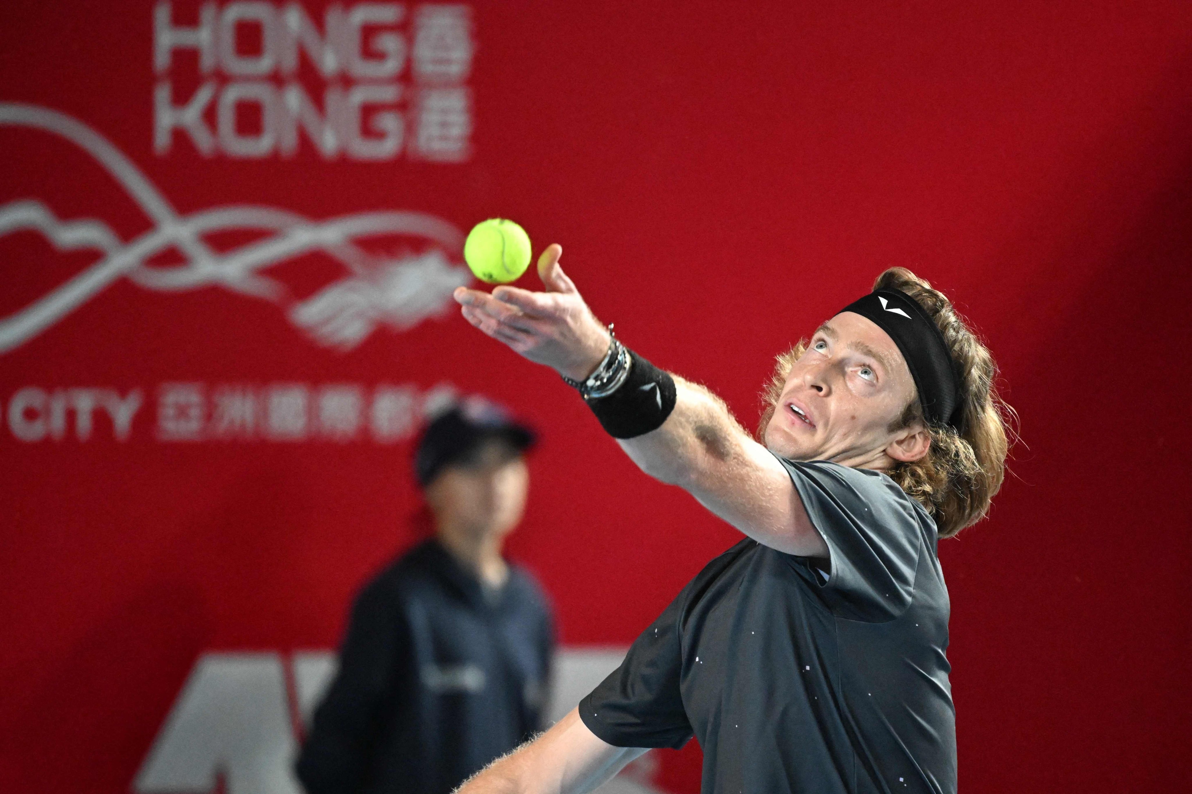 Andrey Rublev serves to Liam Broady during their men’s singles match at the Hong Kong Open. Photo: AFP