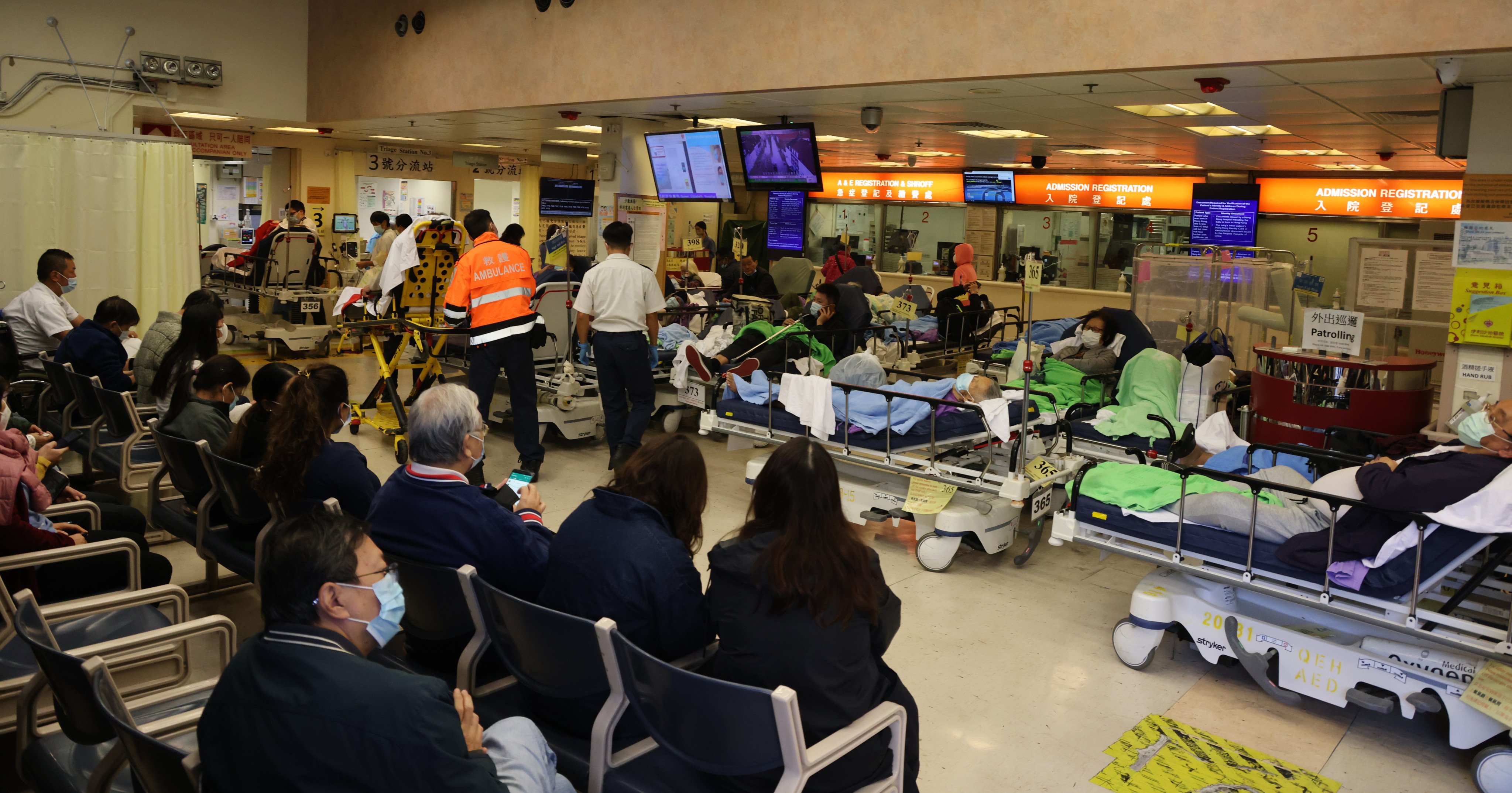 Patients waiting at the accident and emergency department at Queen Elizabeth Hospital in Jordan. The Centre for Health Protection on Thursday said the peak winter flu season was expected to arrive next week. Photo: Jelly Tse