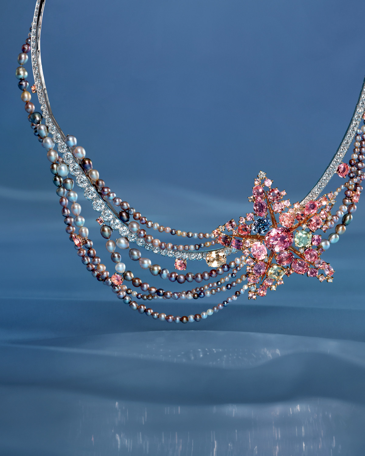 Chaumet Comètes des Mers pearl necklace, with a sea star fashioned from padparadscha sapphire. Photos: Handout