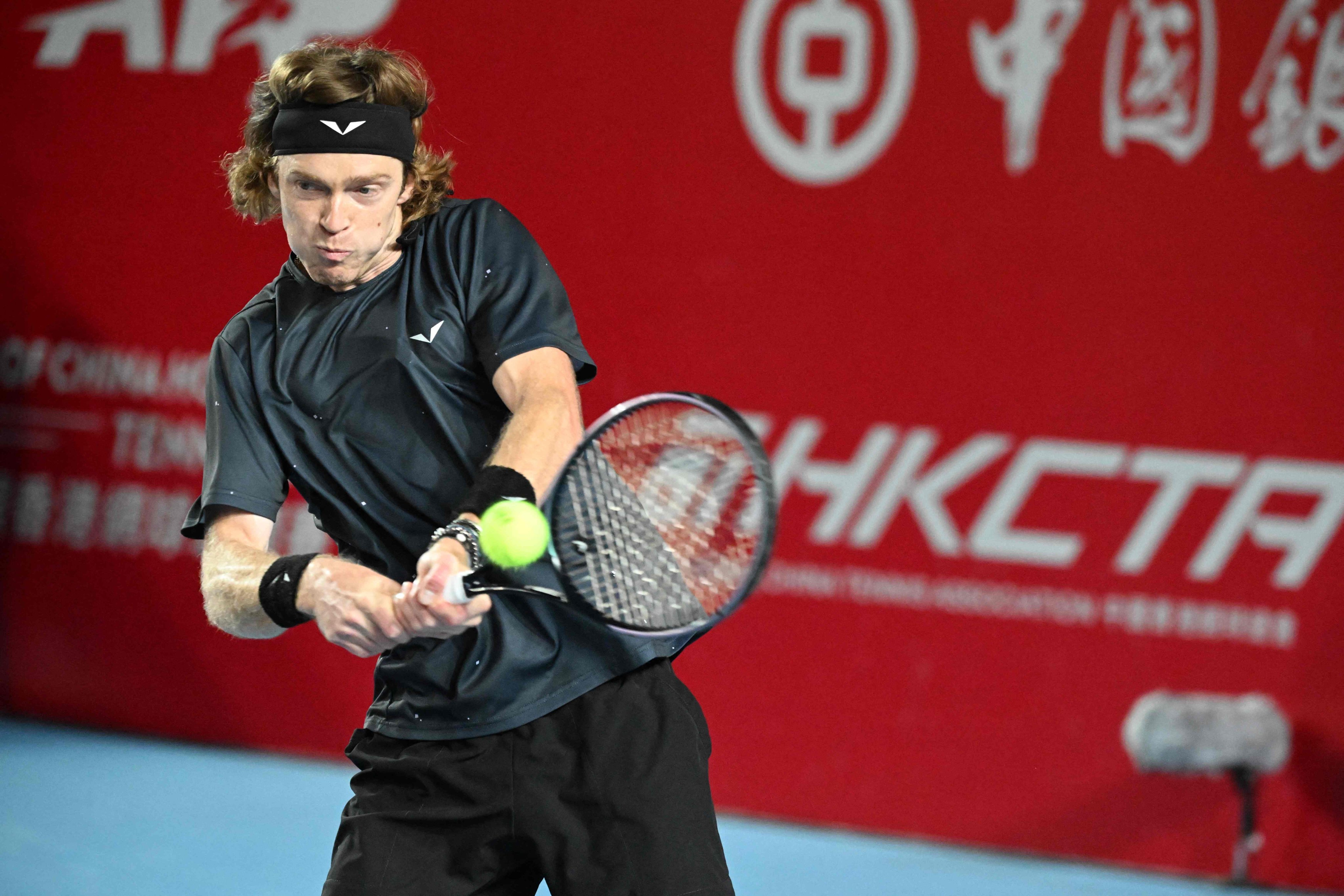Russia’s Andrey Rublev hits a return to France’s Arthur Fils during their men’s quarter-final the Hong Kong Open. Photo: AFP