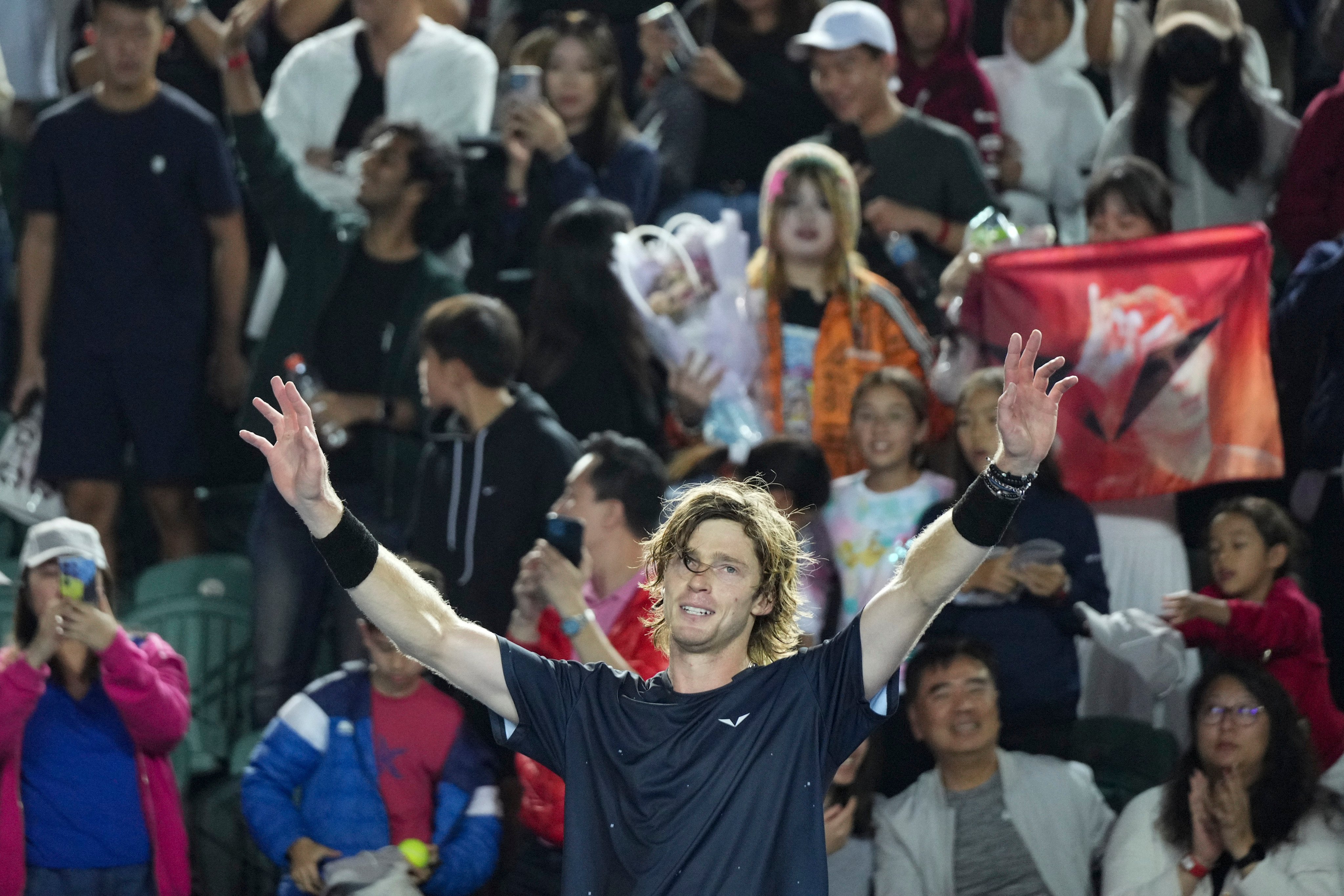 Andrey Rublev celebrates after beating Shang Juncheng in the semi-finals of the Hong Kong Open. Photo: Eugene Lee