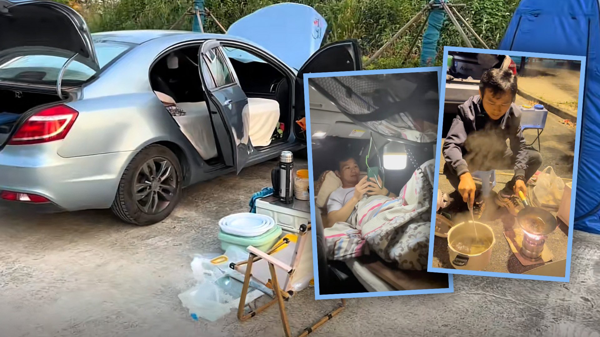 A Shanghai man has turned his car into a home to save money as rents soar in China’s big cities. Photo: SCMP composite/Douyin