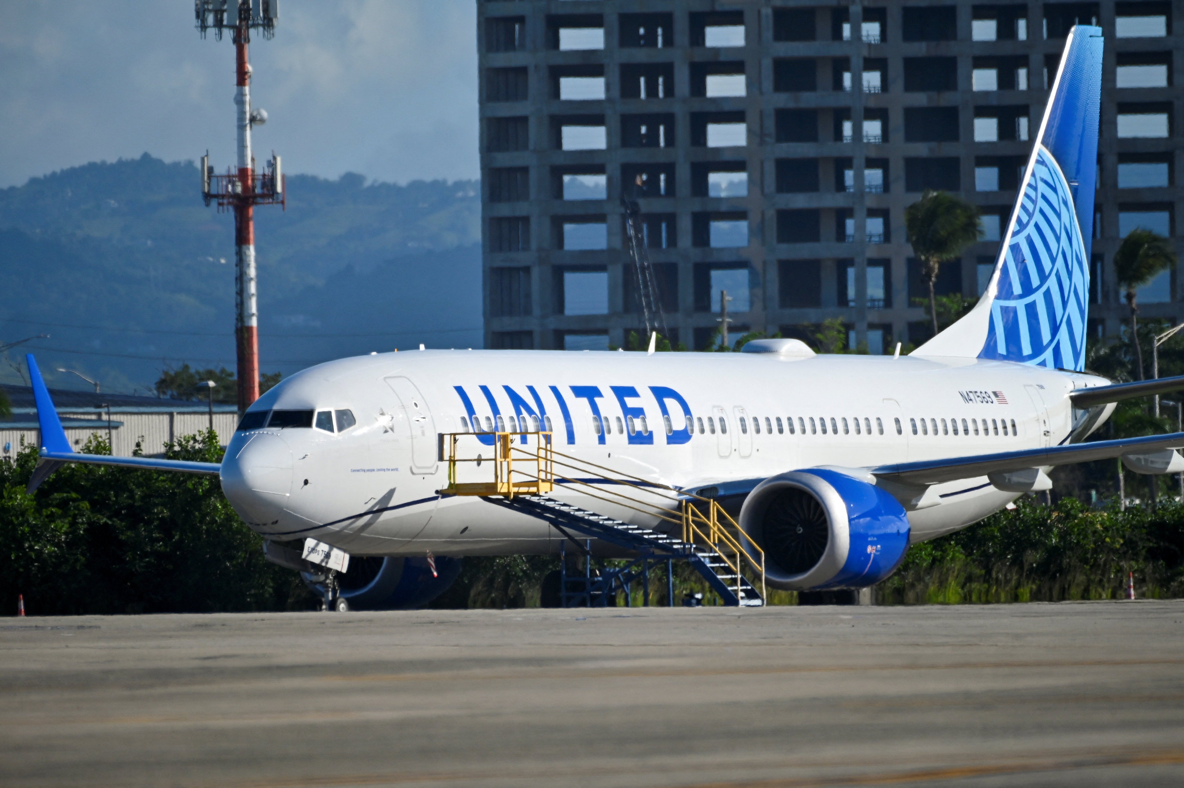 A United Airlines Boeing 737 MAX 9 jetliner is grounded at Luis Munoz Marin International Airport in San Juan, Puerto Rico on Sunday. Photo: Reuters