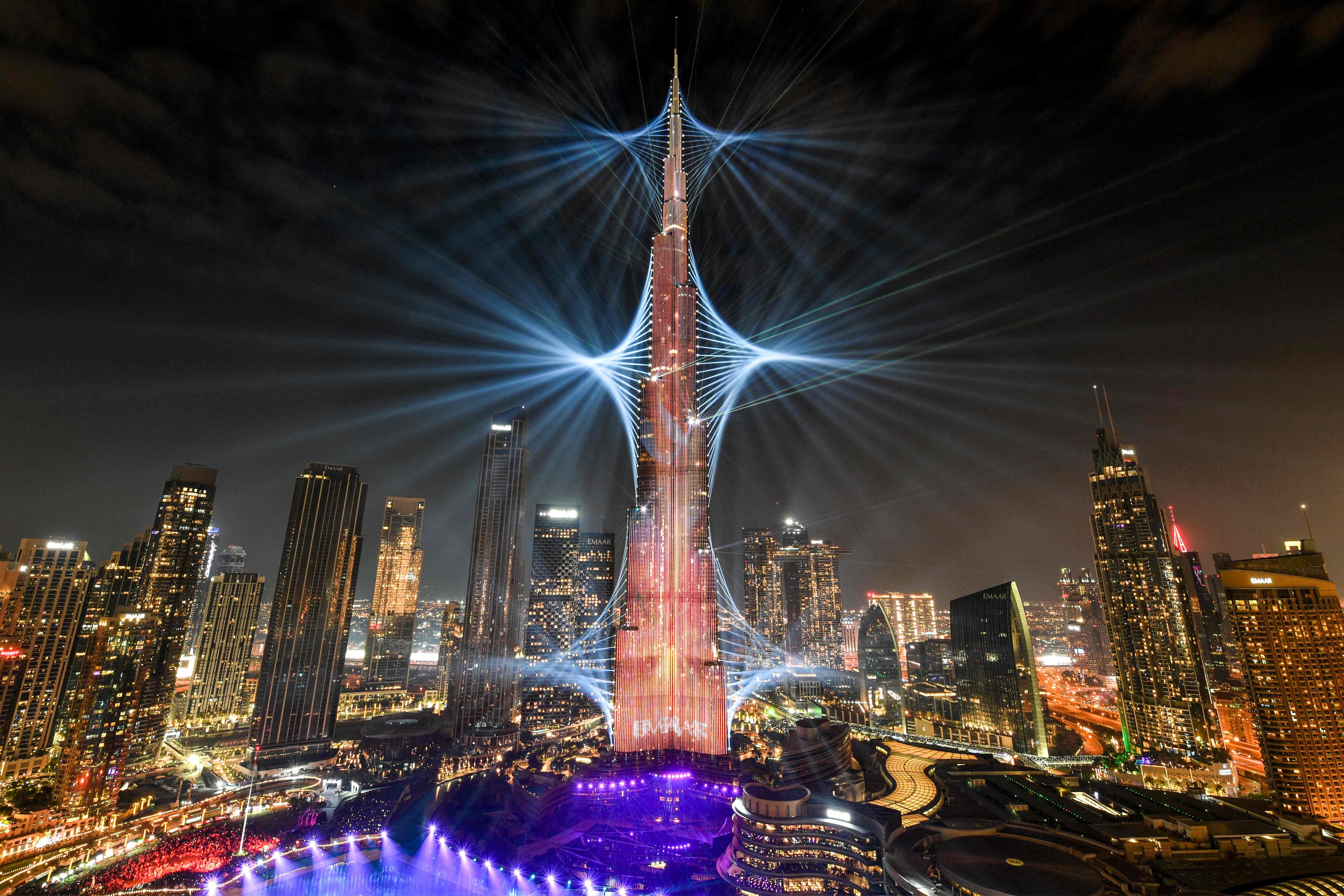 The landmark Burj Khalifa skyscraper, the world’s tallest building, was lit up in Dubai at midnight on new year’s eve on January 1, 2024. Photo: AFP