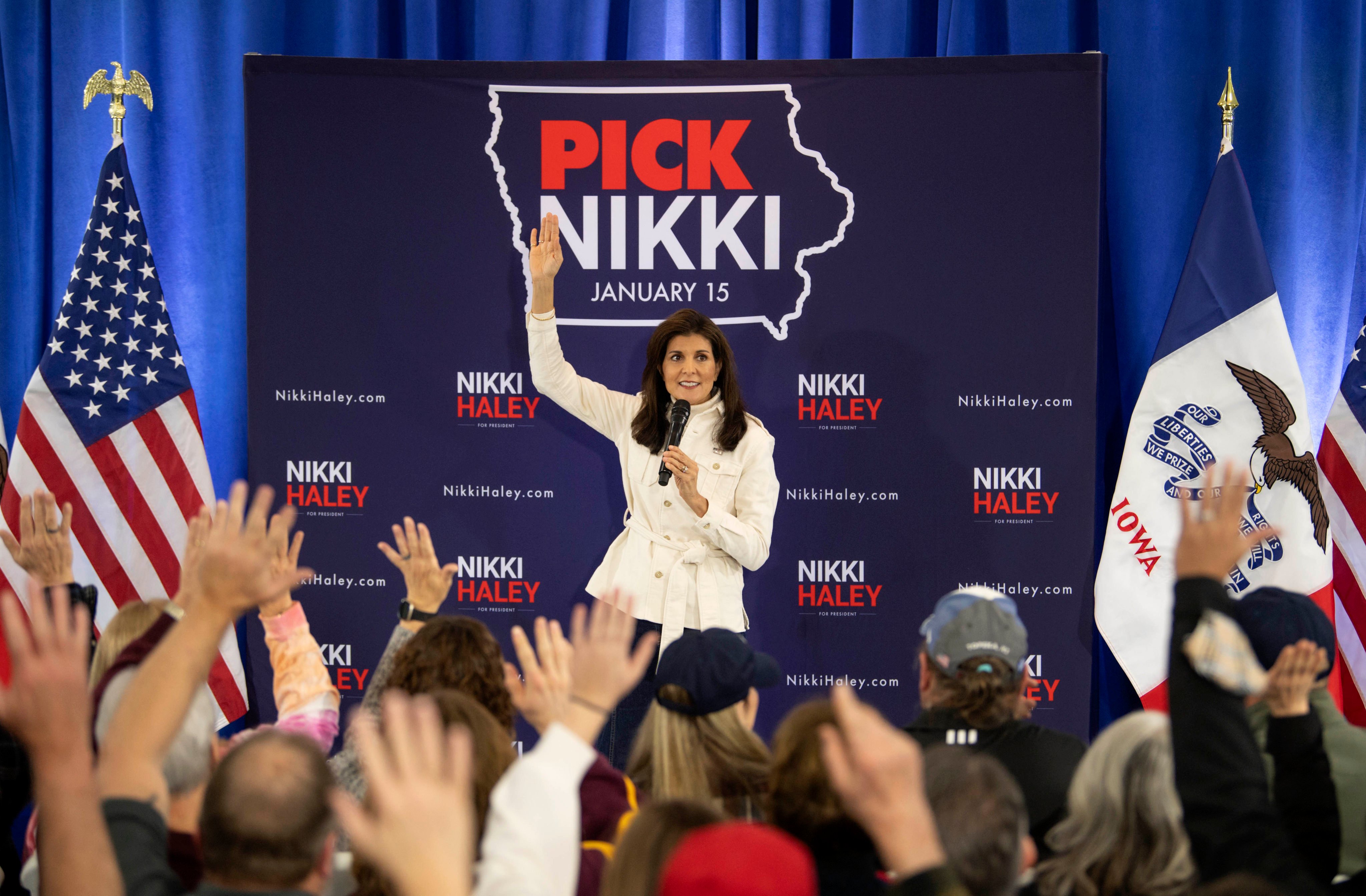 US Republican presidential hopeful Nikki Haley speaks during a campaign event in Indianola, Iowa, on January 6. Haley and Florida Governor Ron DeSantis have emerged as the leading contenders for second place in the Republican primaries behind former president Donald Trump. Photo: dpa