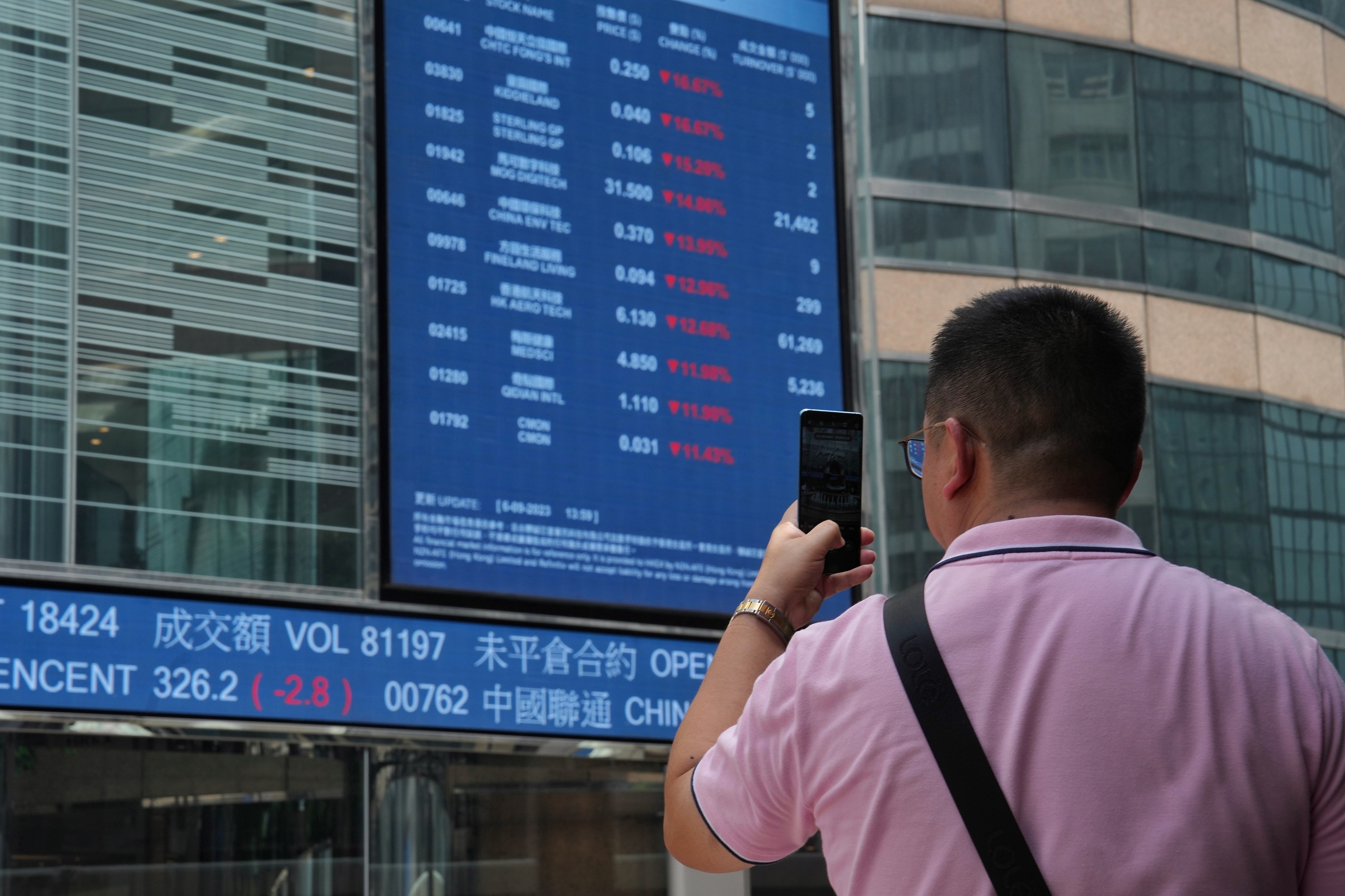 A man takes pictures of stock prices outside the Exchange Square in Central, Hong Kong in September 2023 Photo: Elson LI