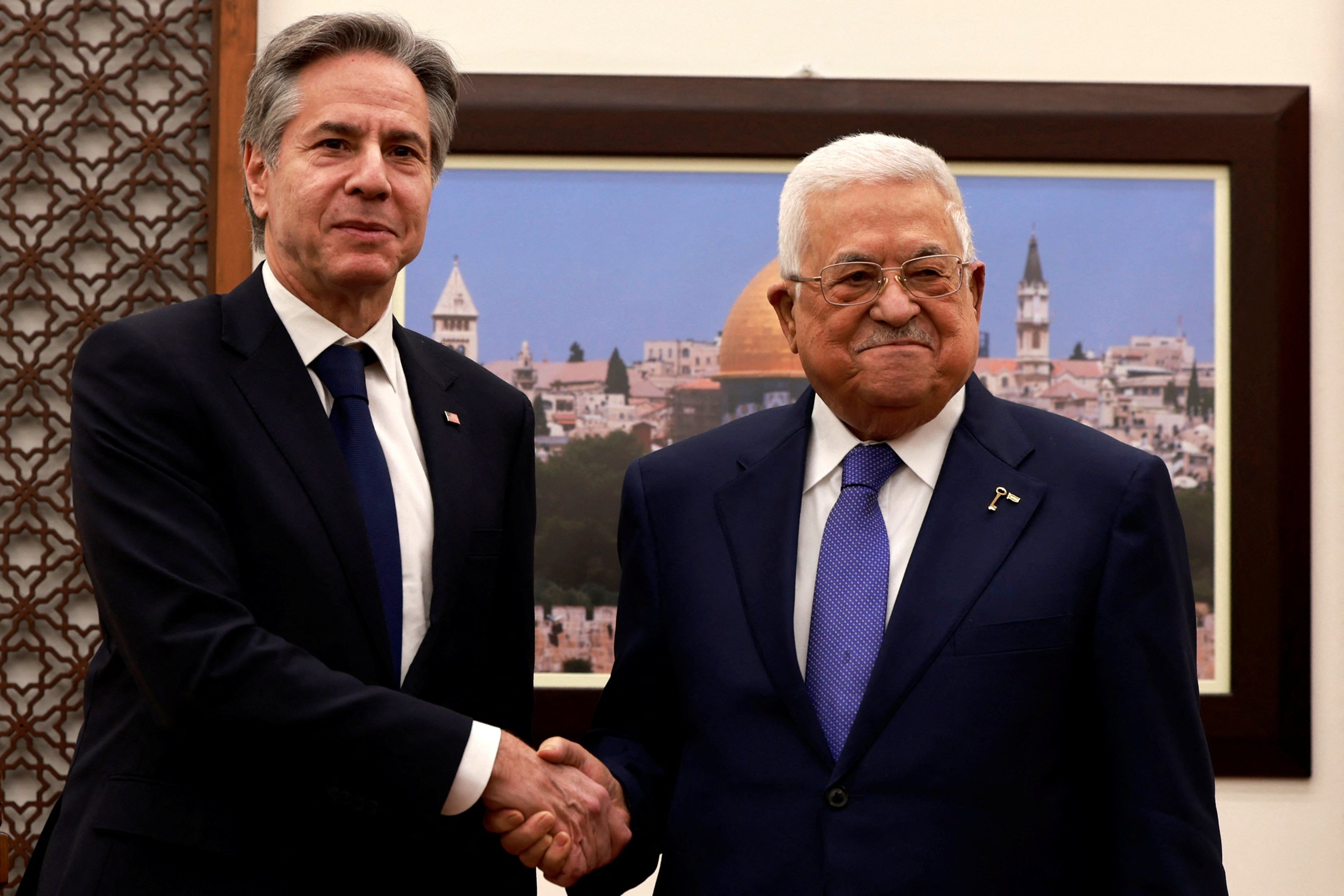 U.S. Secretary of State Antony Blinken meets with Palestinian President Mahmoud Abbas, during his week-long trip aimed at calming tensions across the Middle East. Photo: Pool via Reuters