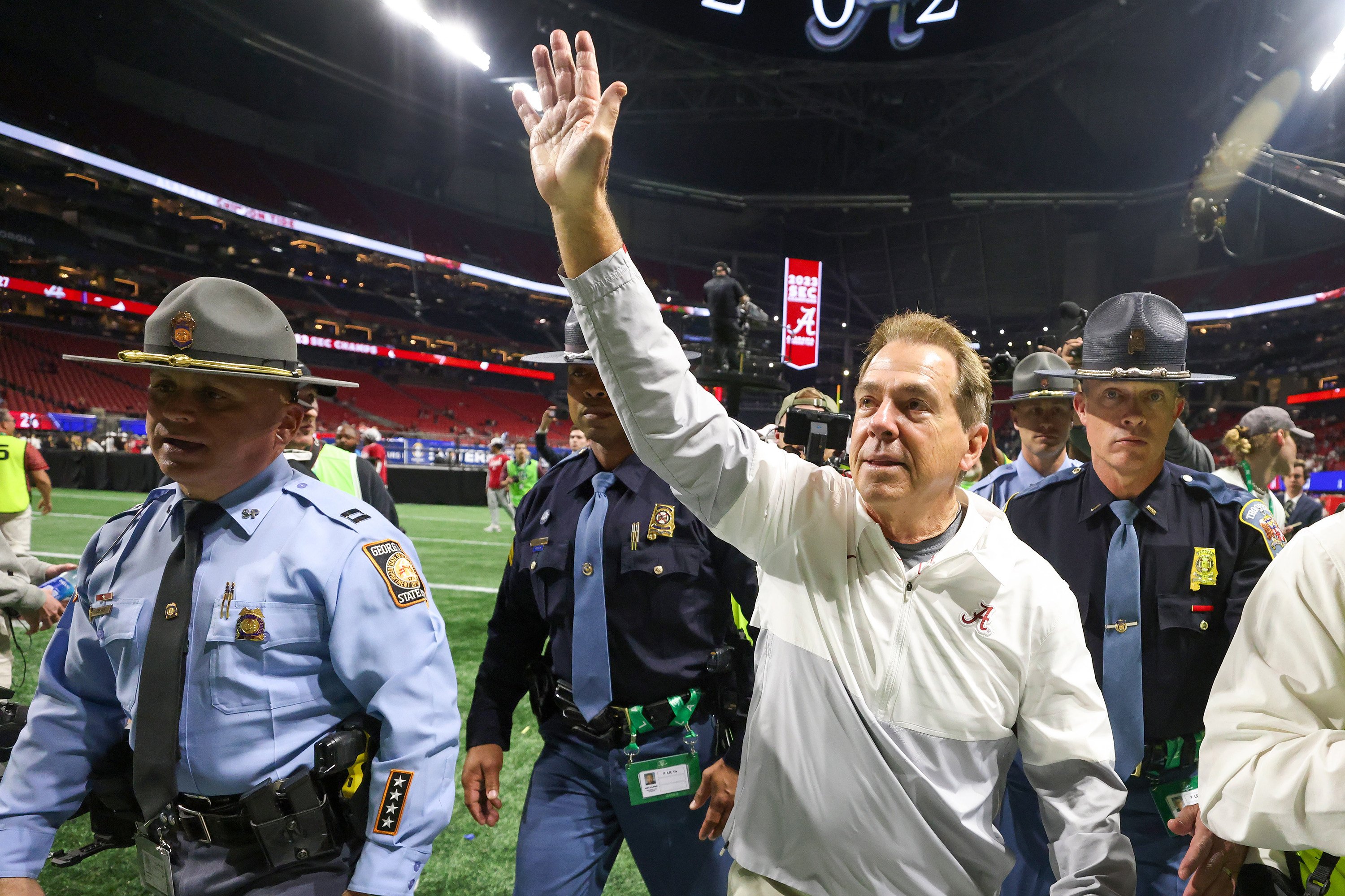 Alabama head coach Nick Saban walks off the field after a 27-24 win against Georgia in the SEC Championship game at the Mercedes-Benz Stadium on December 2, 2023, in Atlanta. Photo: TNS