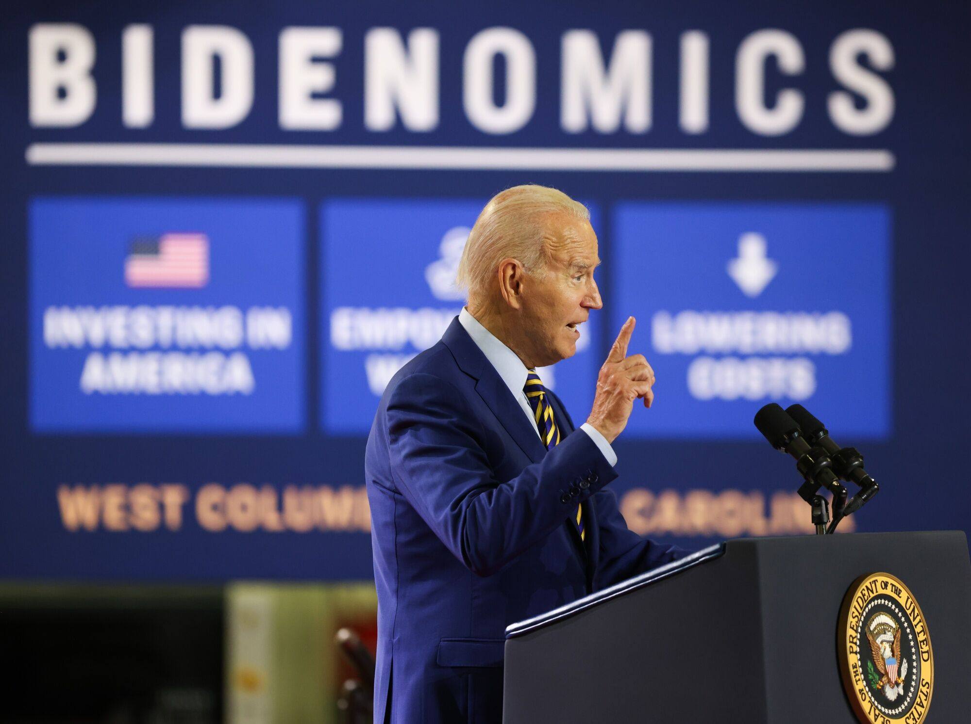 US President Joe Biden talks economic policy at the Flex facility in West Columbia, South Carolina on July 6. Last year, 71 per cent of industrial policy interventions came from advanced economies, with 48 per cent from three alone – China, the EU and the US. Photo: Bloomberg