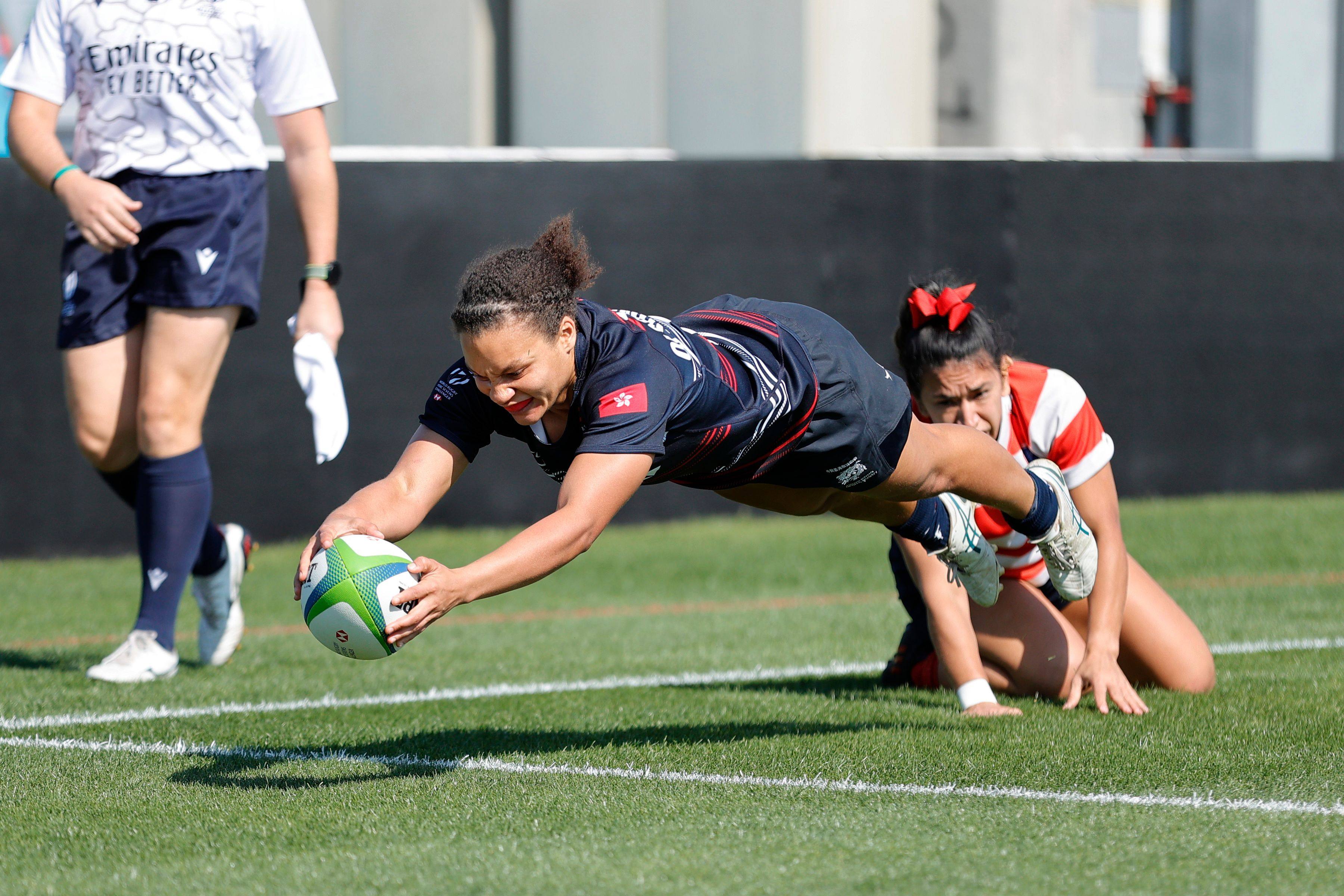 Hong Kong’s Natasha Olson-Thorne scores a try in her side’s opening game against Paraguay at the World Rugby Sevens Challenger Series in Dubai. Photo: World Rugby