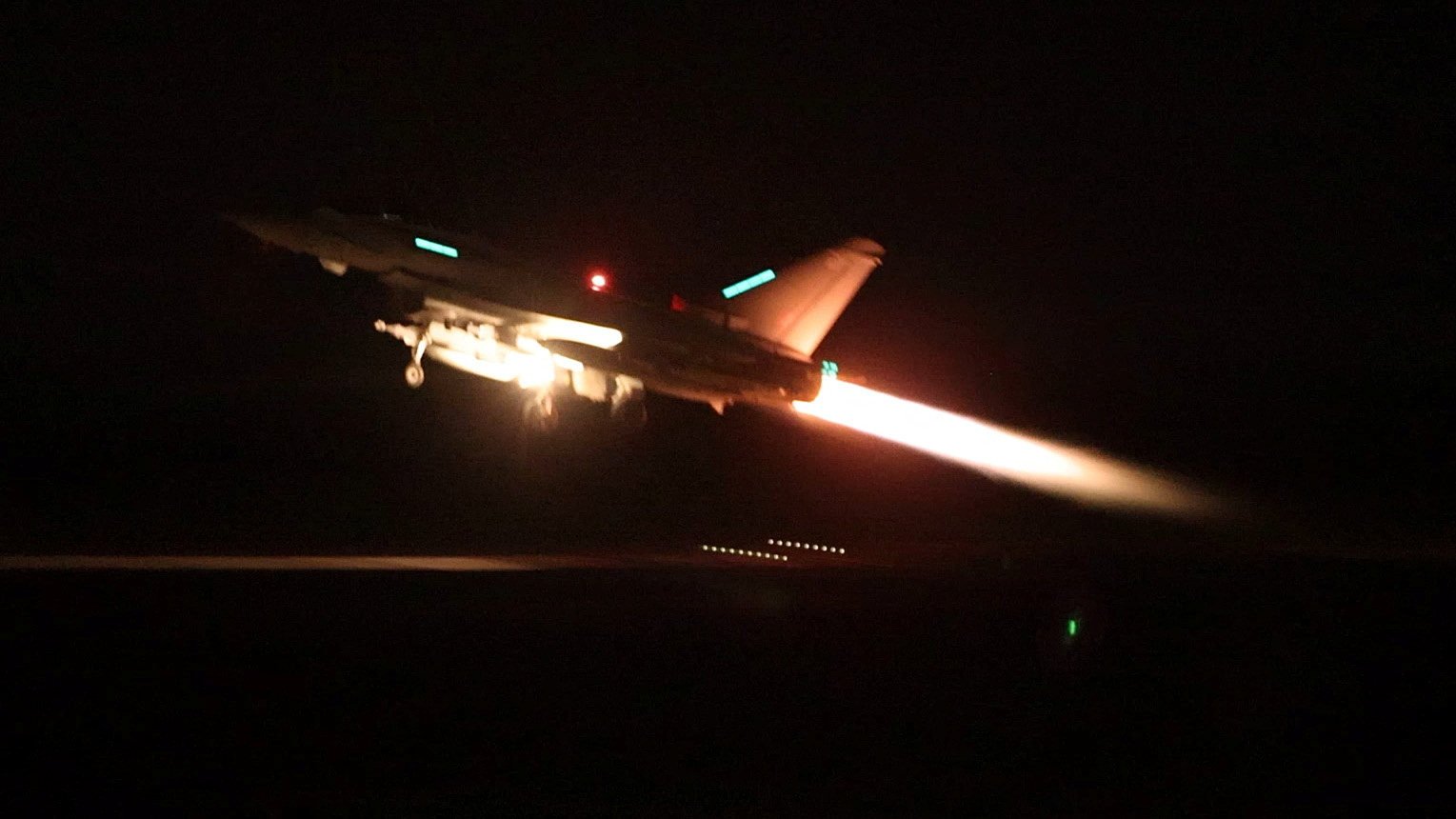An RAF Typhoon aircraft takes off from Cyprus to carry out strikes in Yemen. Photo: UK Ministry of Defence via Reuters