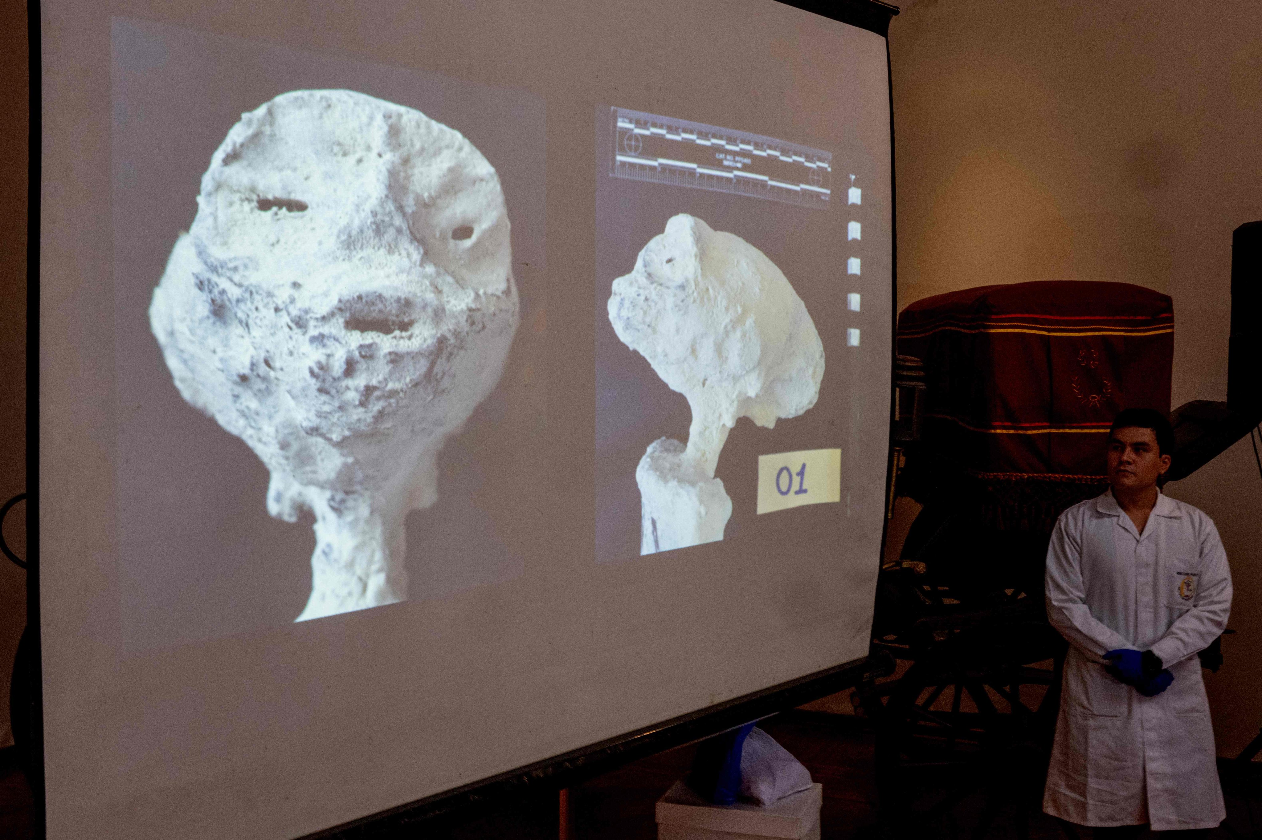 A press conference in Lima on January 12 where forensic experts rule out the existence of alleged extraterrestrial mummies found in the south of Peru. Photo: AFP