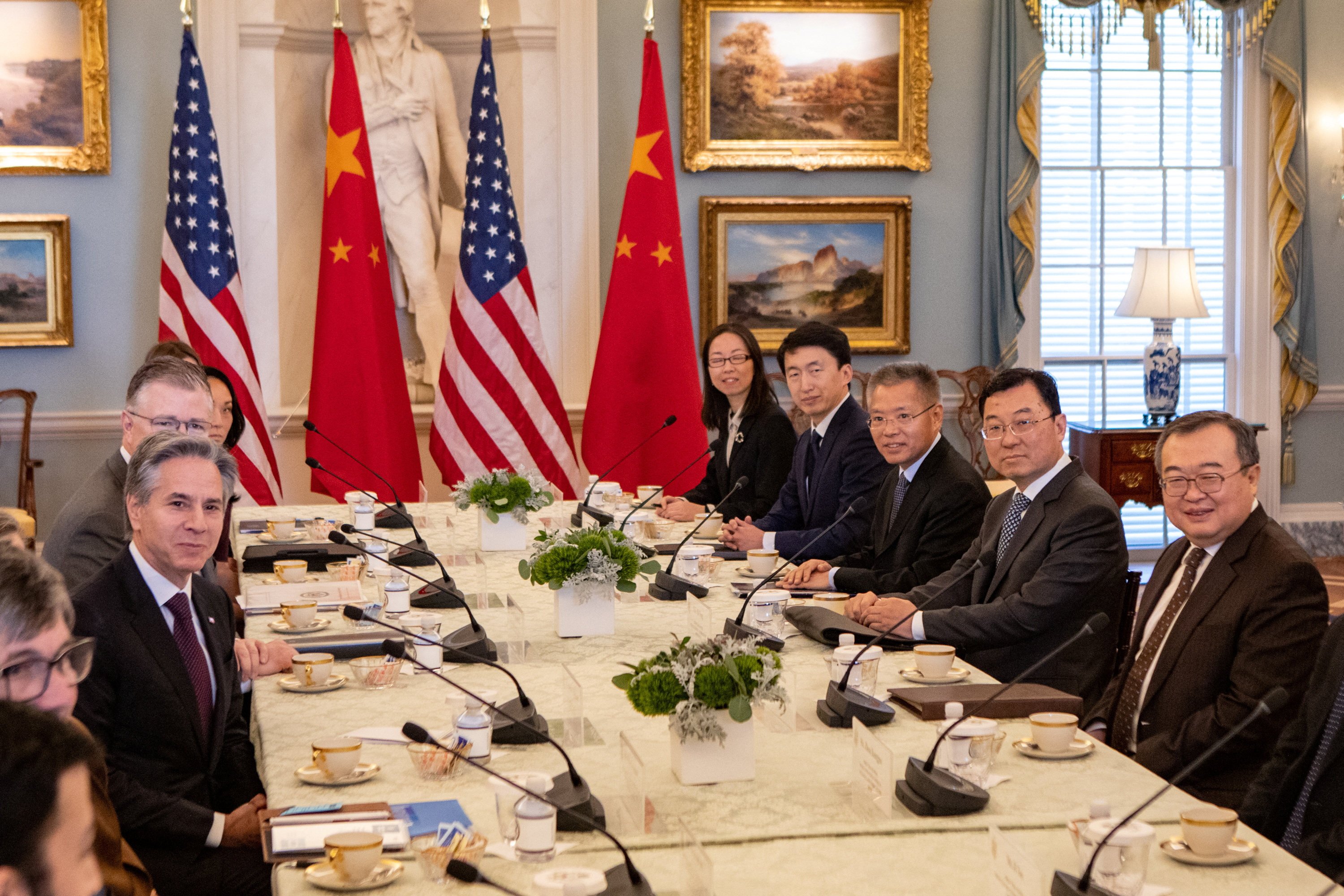 US Secretary of State Antony Blinken (left) meets Liu Jianchao (right, seated across Blinken), head of international liaison for China’s Communist Party, at the State Department in Washington on Friday. Photo: Reuters