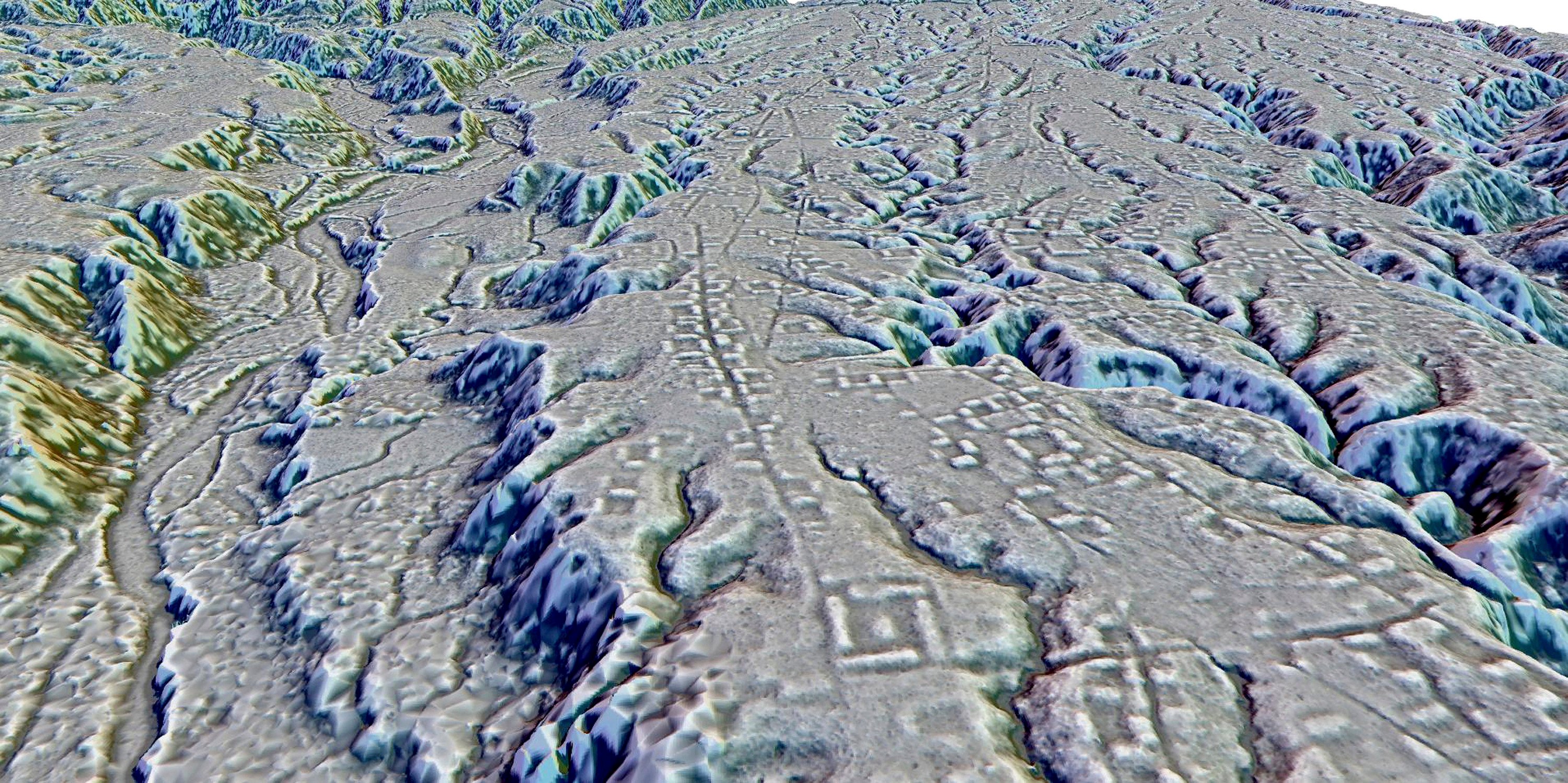 This Lidar image shows complexes of rectangular platforms arranged around low squares and distributed along wide dug streets at the Kunguints site, in the Upano Valley in Ecuador. Image: Antoine Dorison, Stephen Rostain via AP