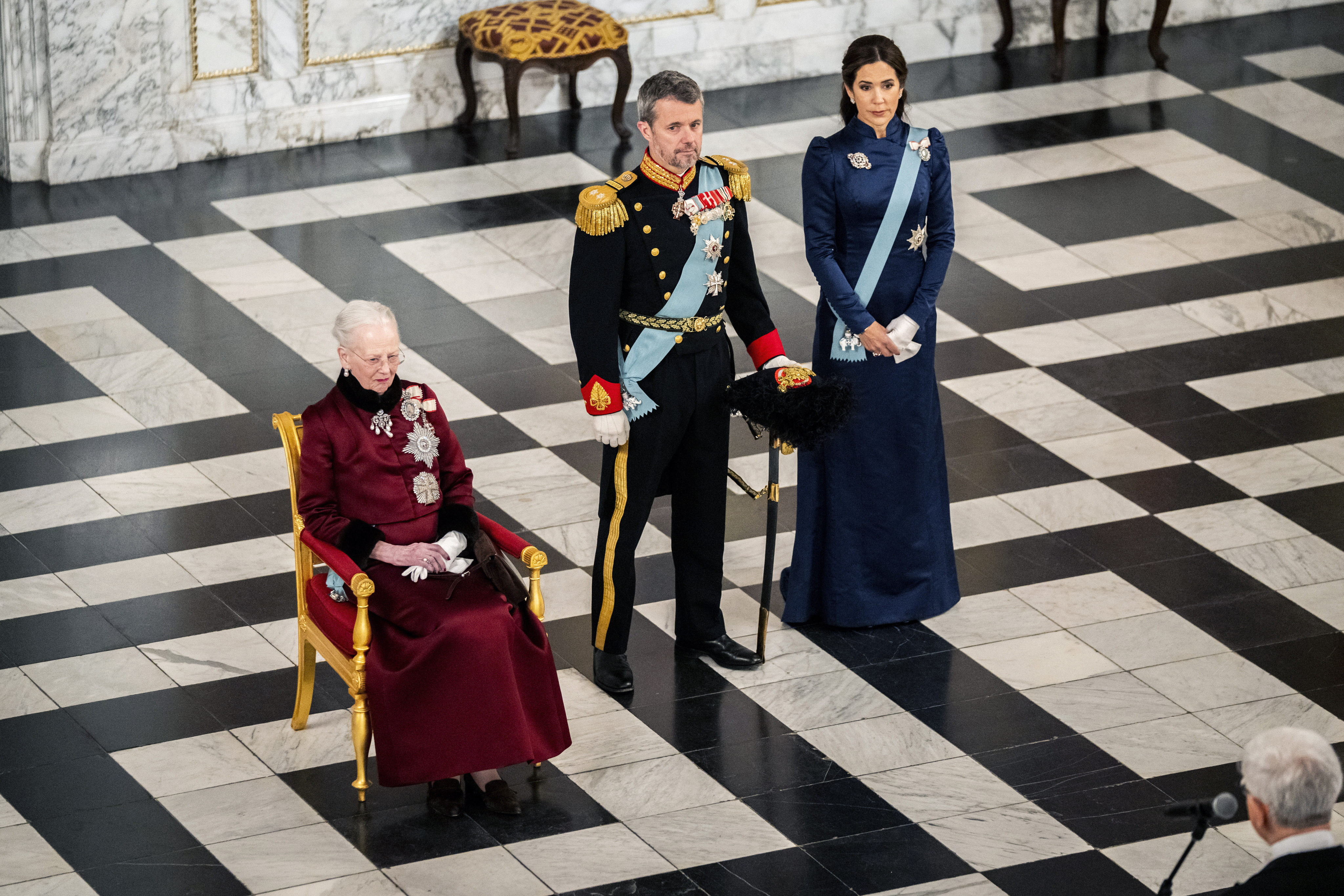 Denmark’s Queen Margrethe (left), Crown Prince Frederik and Crown Princess Mary receive the diplomatic corps at Christiansborg Palace in Copenhagen on January 3. Photo: AP