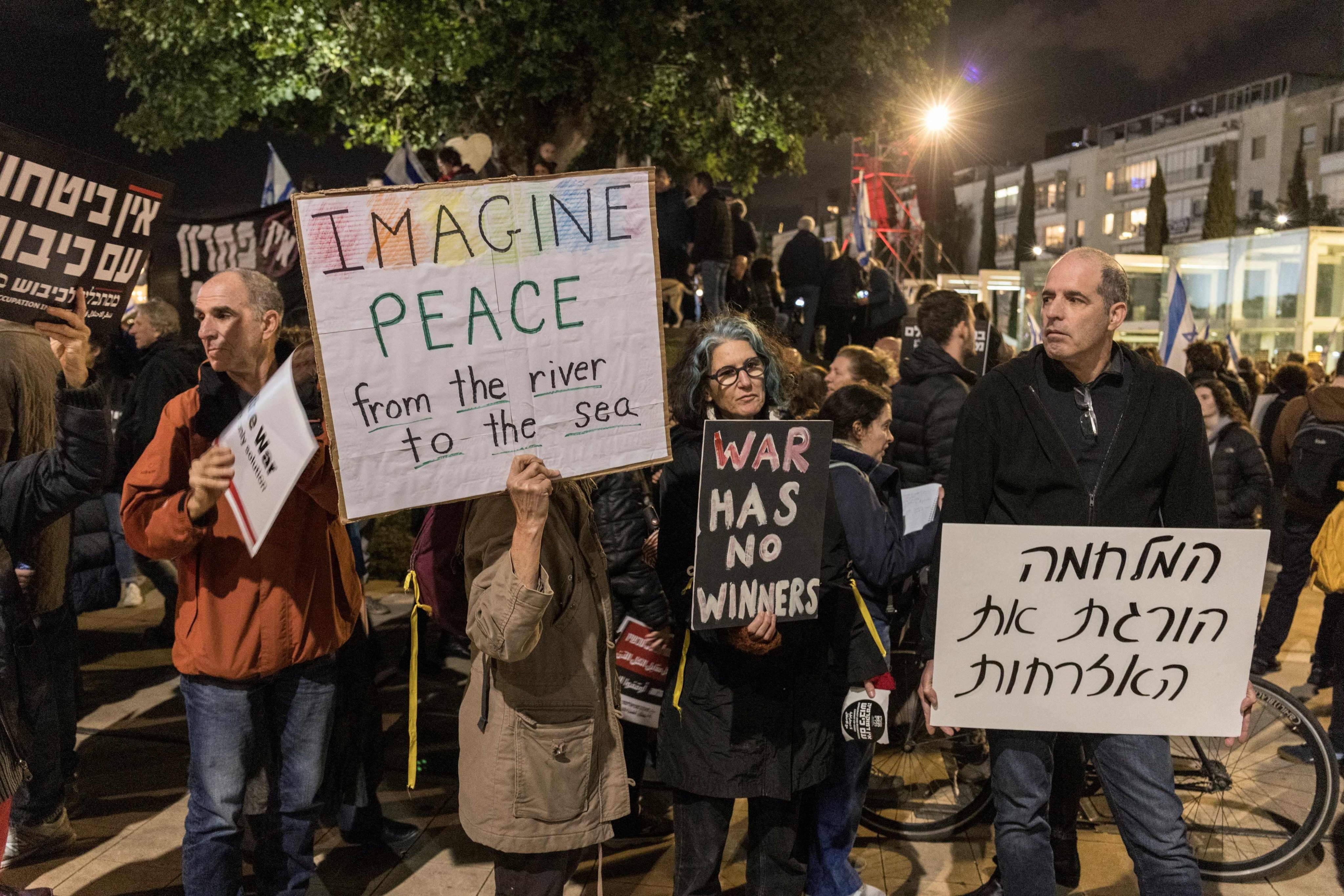 Israeli anti-government protesters hold a demonstration in Tel Aviv on January 13 after almost 100 days of war between Israel and Hamas in Gaza. Photo: AFP