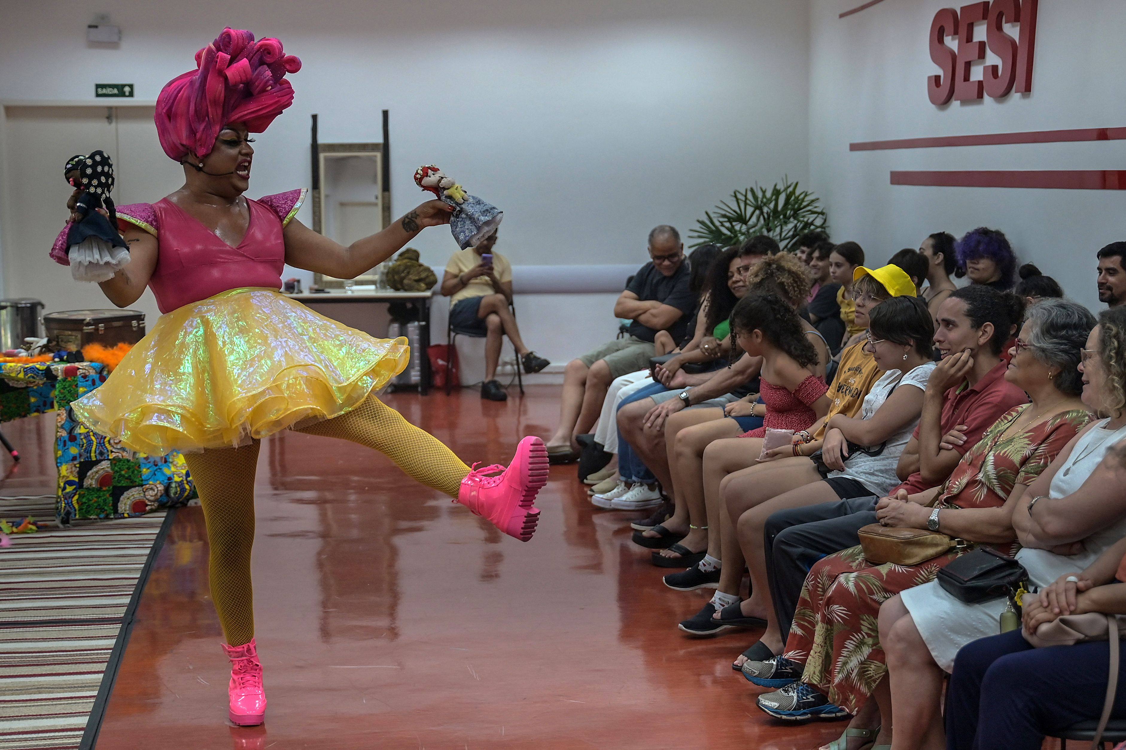 Brazilian drag queen Paulo Reis, known as Helena Black, performs at the SESI theatre in Sao Jose dos Campos in Brazil. Photo: AFP
