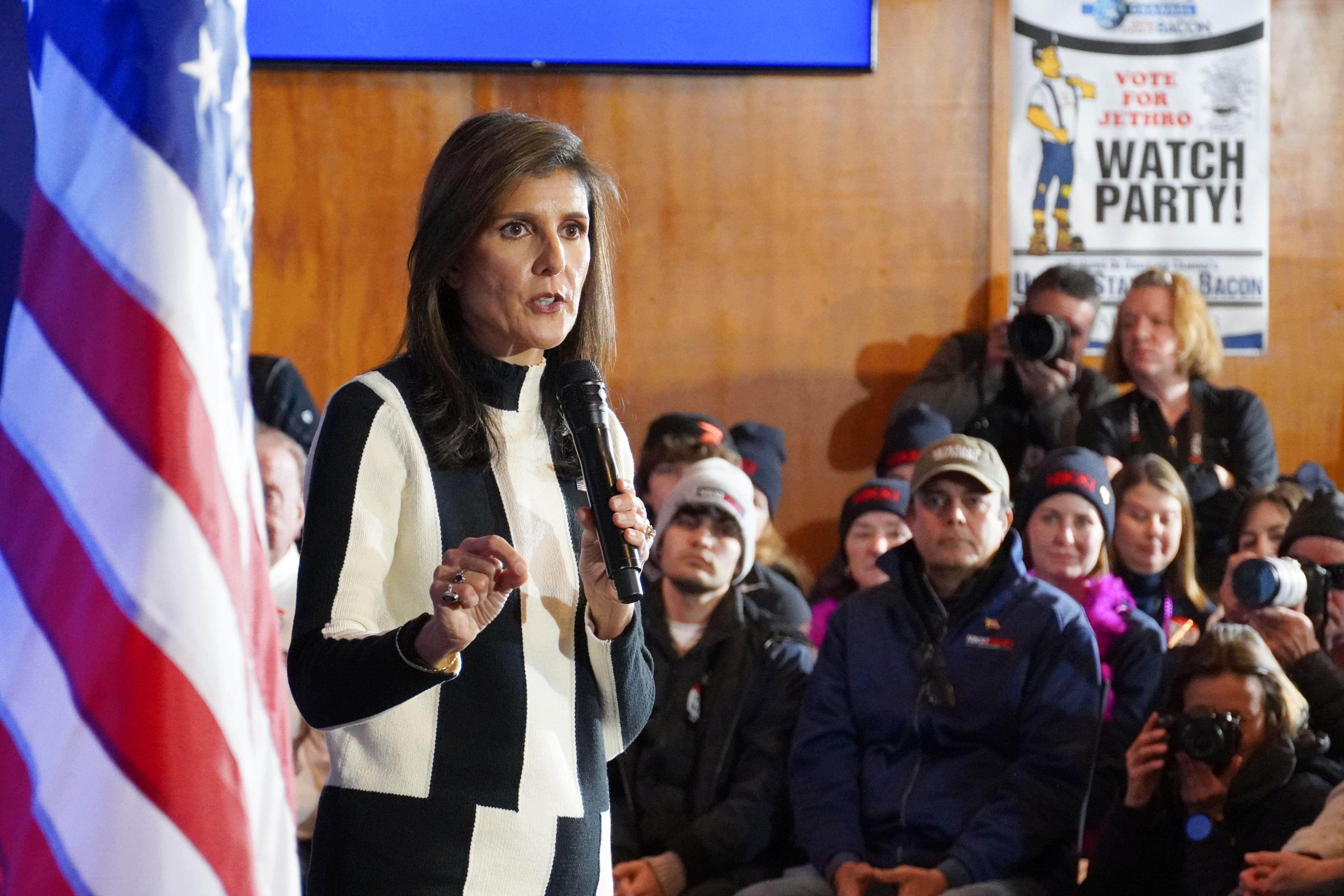 Republican US presidential candidate Nikki Haley speaks at a campaign event in Iowa, on January 14. Photo: Kyodo