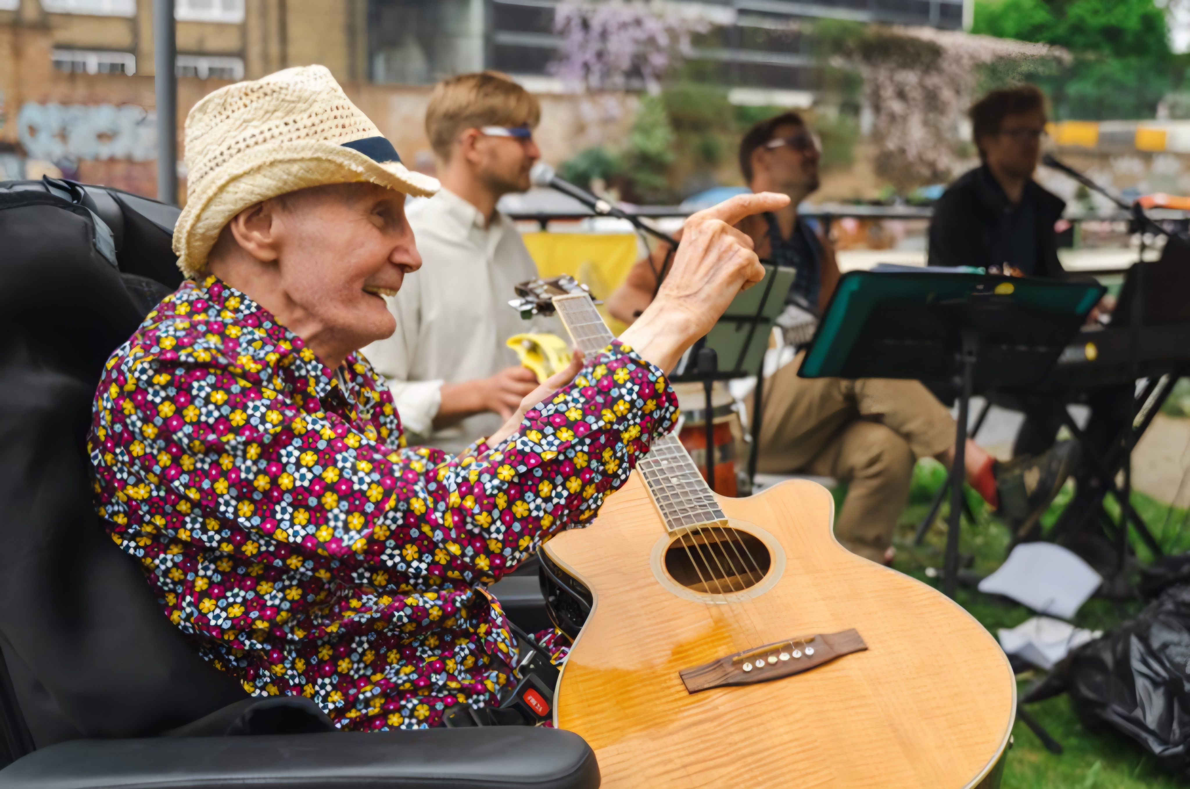 Dementia patient John, 84, is an enthusiastic regular at group music sessions at his care home in London, having learned to play the guitar after receiving music therapy. For some people with dementia, music therapy has been shown improve their thinking, feeling, perception, mood and behaviour. Photo: The Spitz Charitable Trust