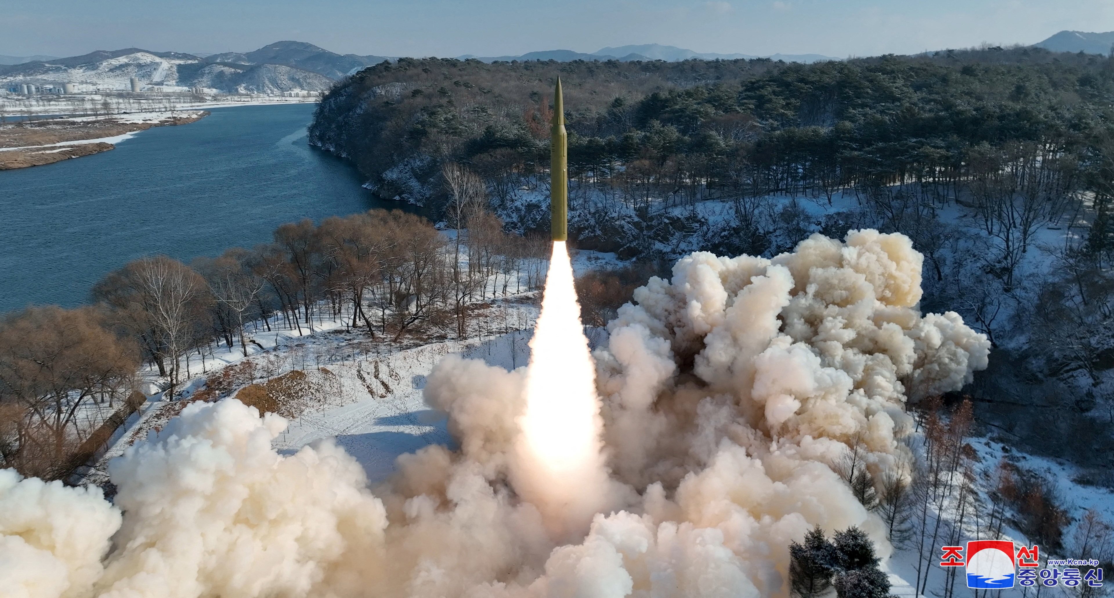 A ballistic missile, said to be solid-fuel and hypersonic, launches during a test at an unspecified location in North Korea. Photo: KCNA via Reuters