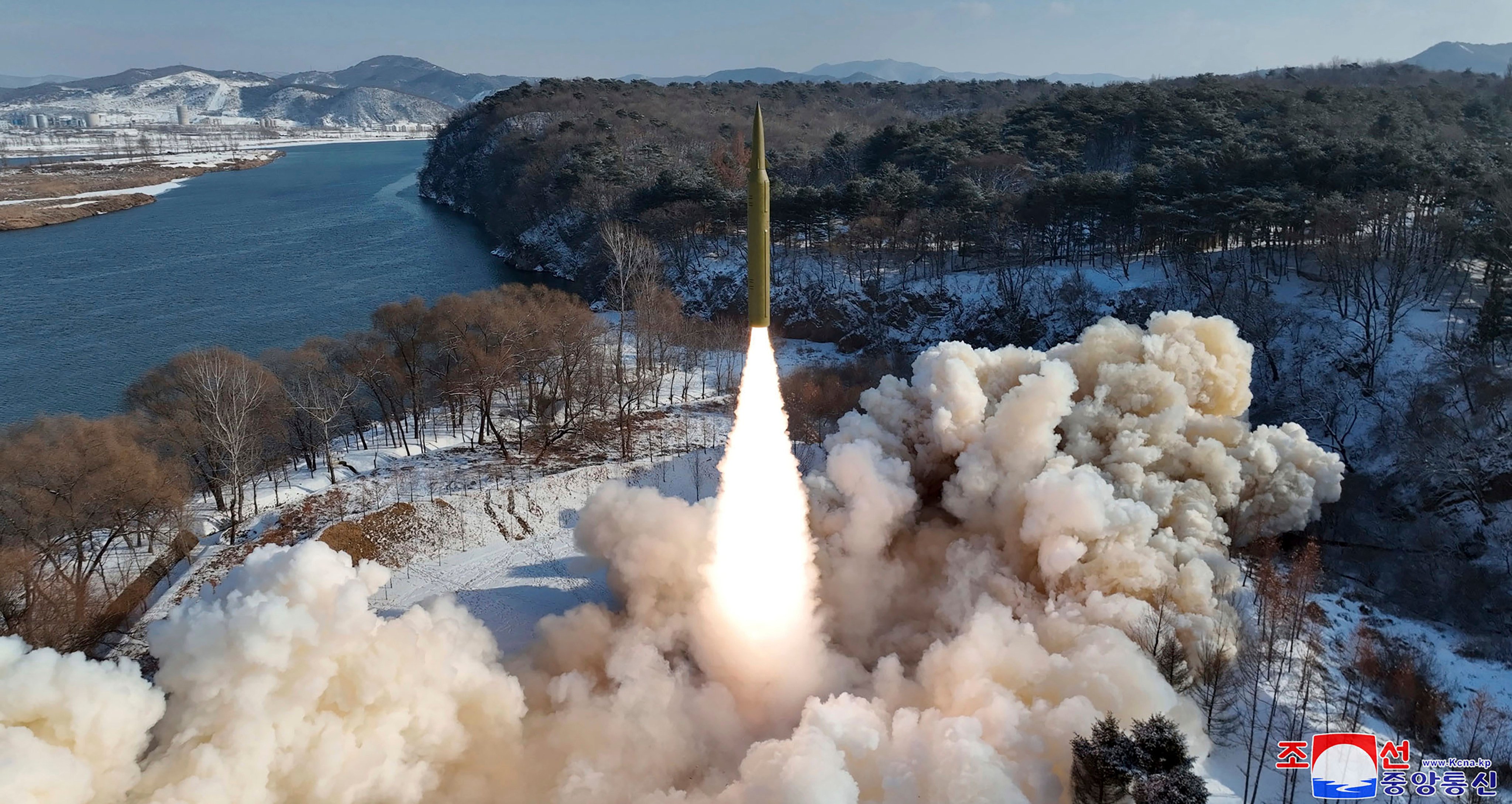 A photo shows what North Korea says is a flight test of a new solid-fuel intermediate-range in the country on Sunday. Photo: Korean Central News Agency/Korea News Service via AP