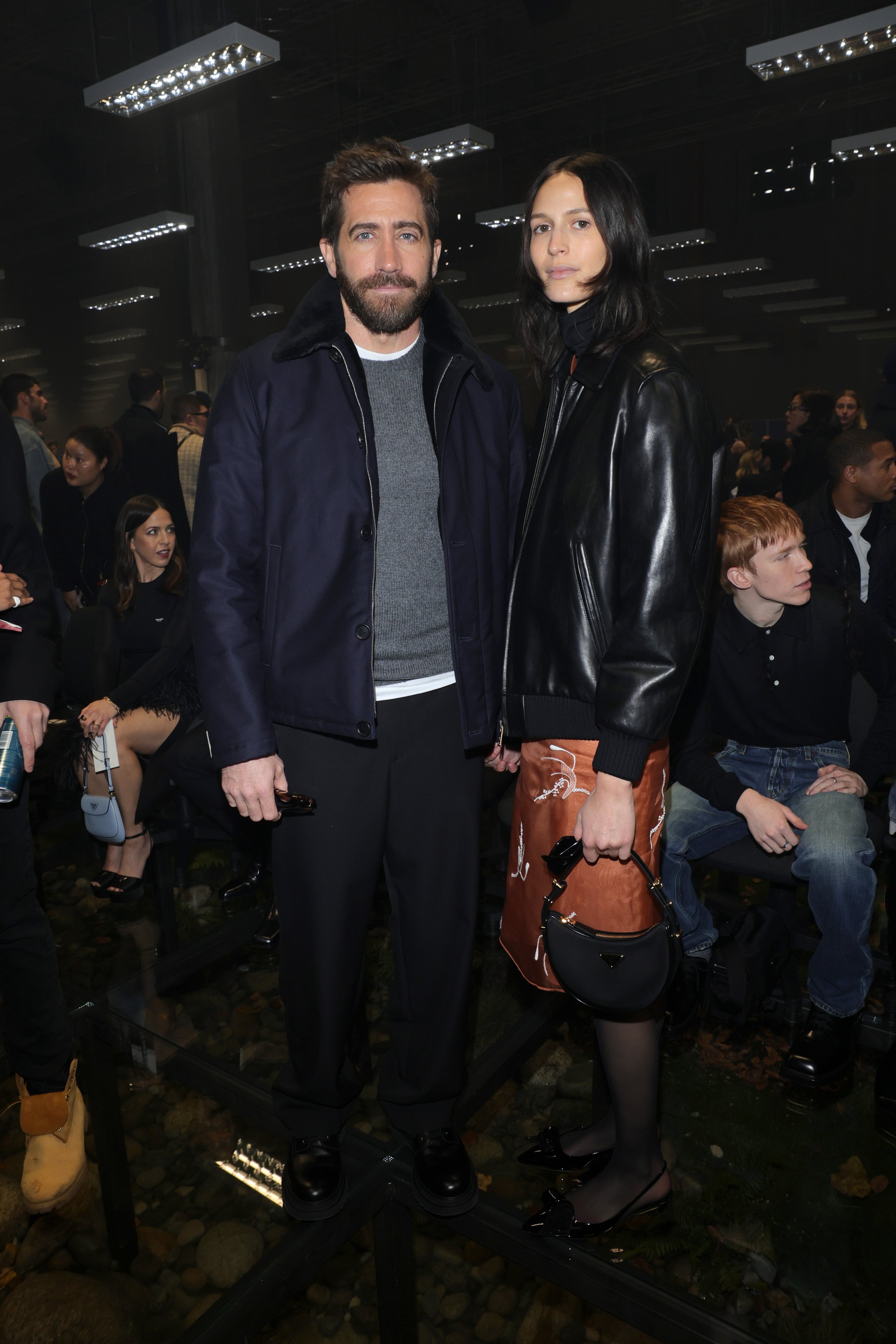 Jake Gyllenhaal and Jeanne Cadieu at the Prada autumn/winter 2024 menswear fashion show in Milan, Italy. Photo: Getty Images